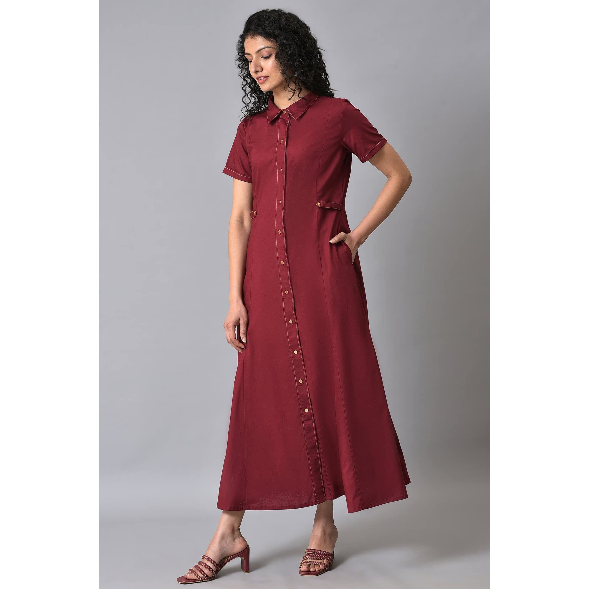 W Dark Red Solid Cotton A-Line Dress For Women