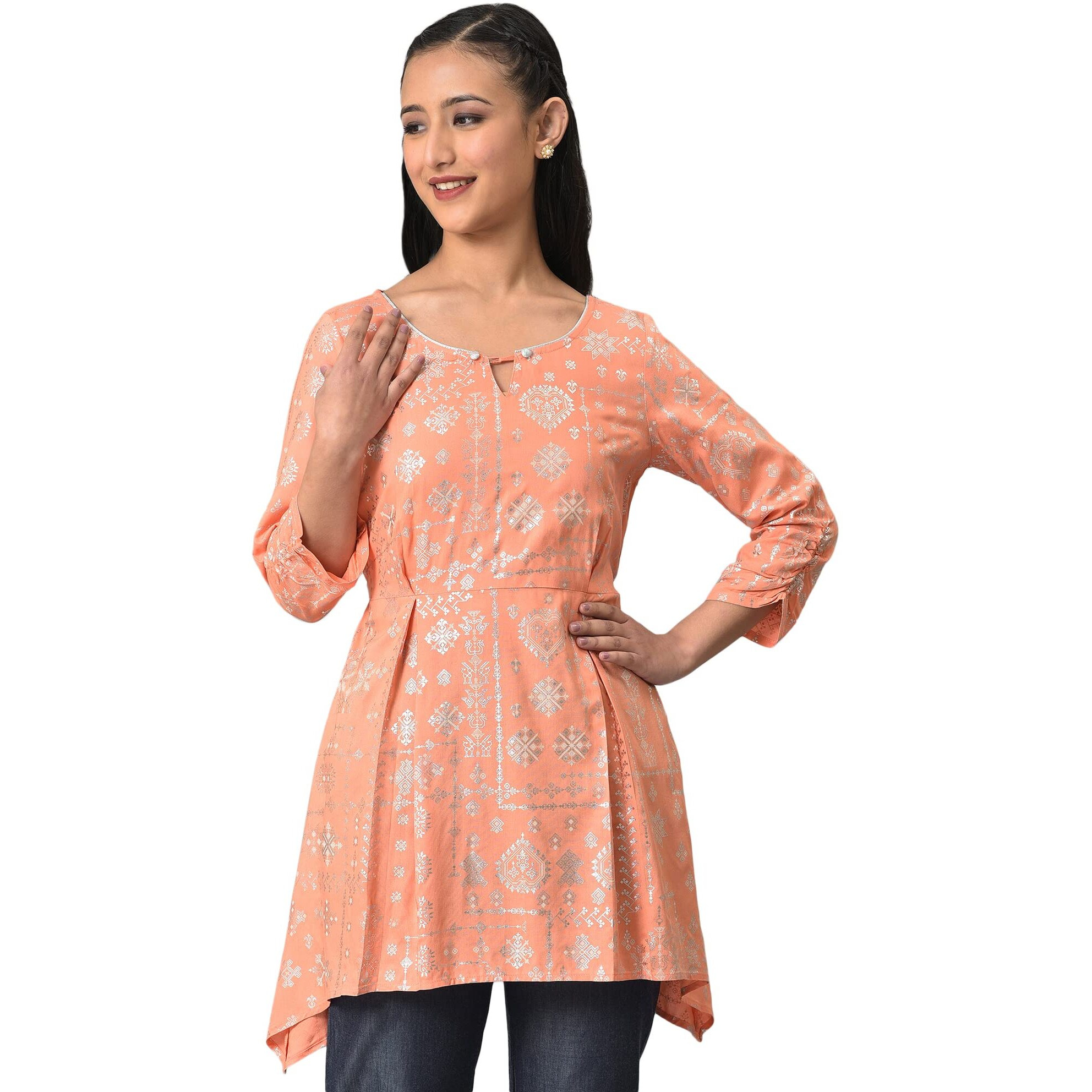 Aurelia Women's Rayon Regular Kurti (22Sta30300-501272_Peach