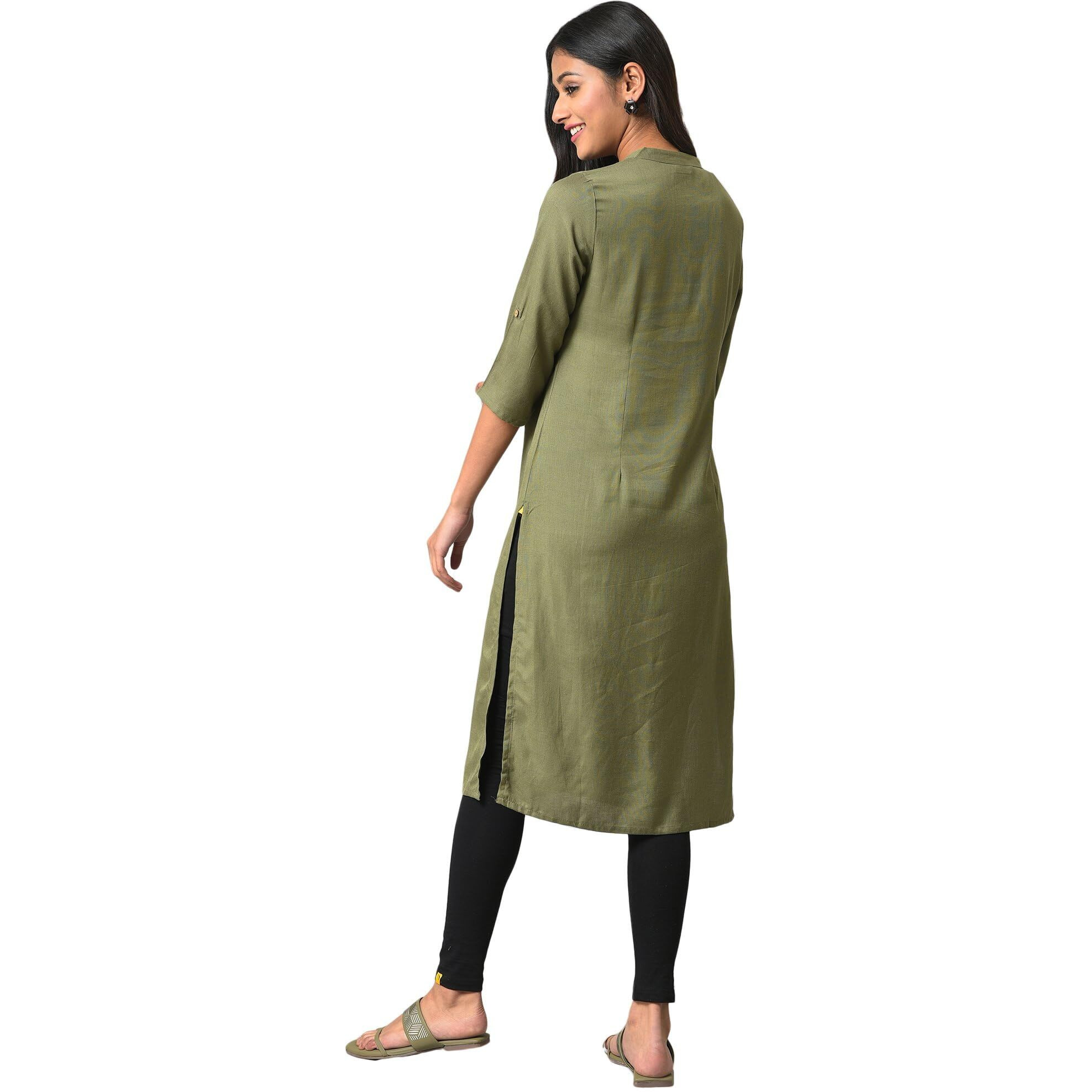Aurelia Green Rayon-Blend Solid Regular Kurta For Women