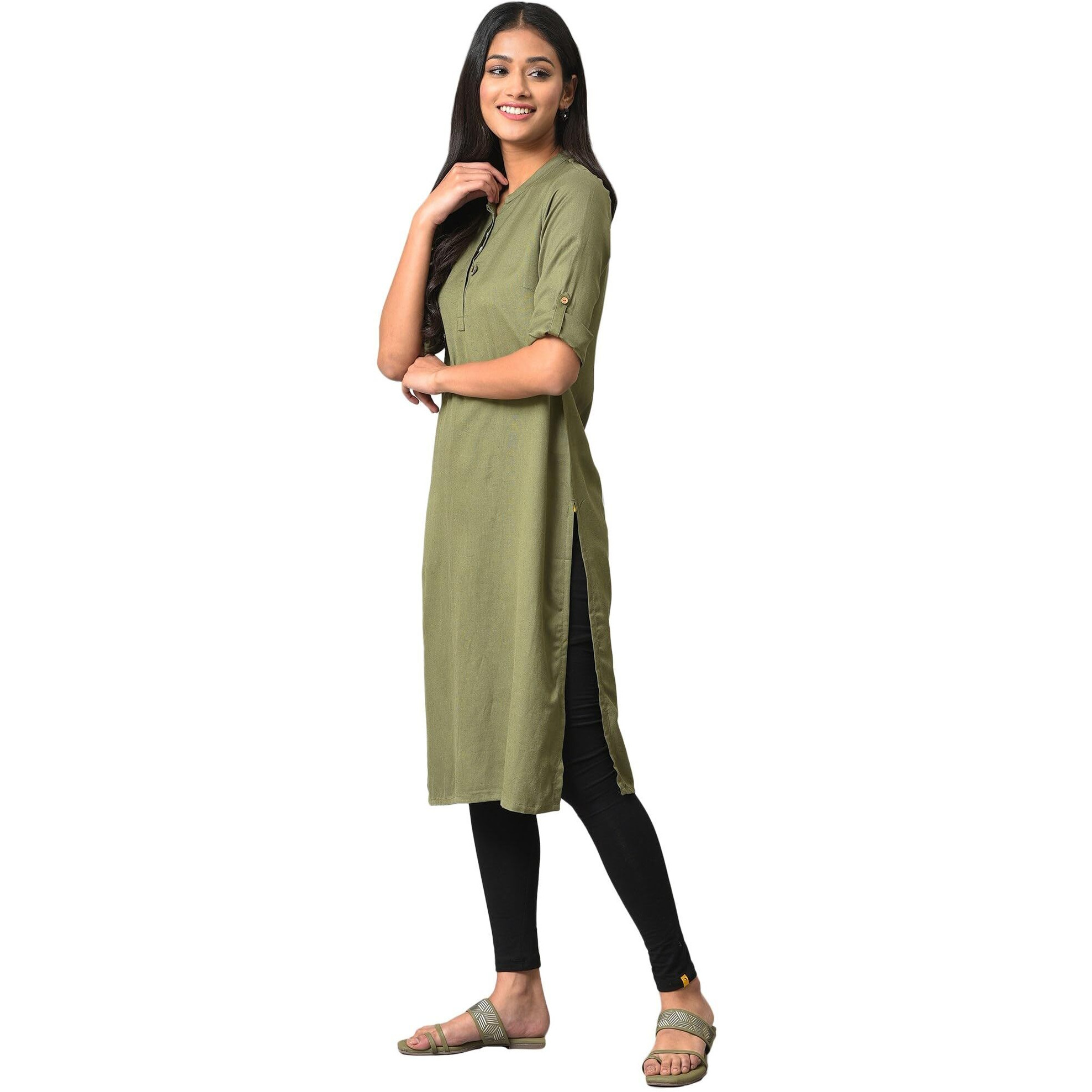 Aurelia Green Rayon-Blend Solid Regular Kurta For Women