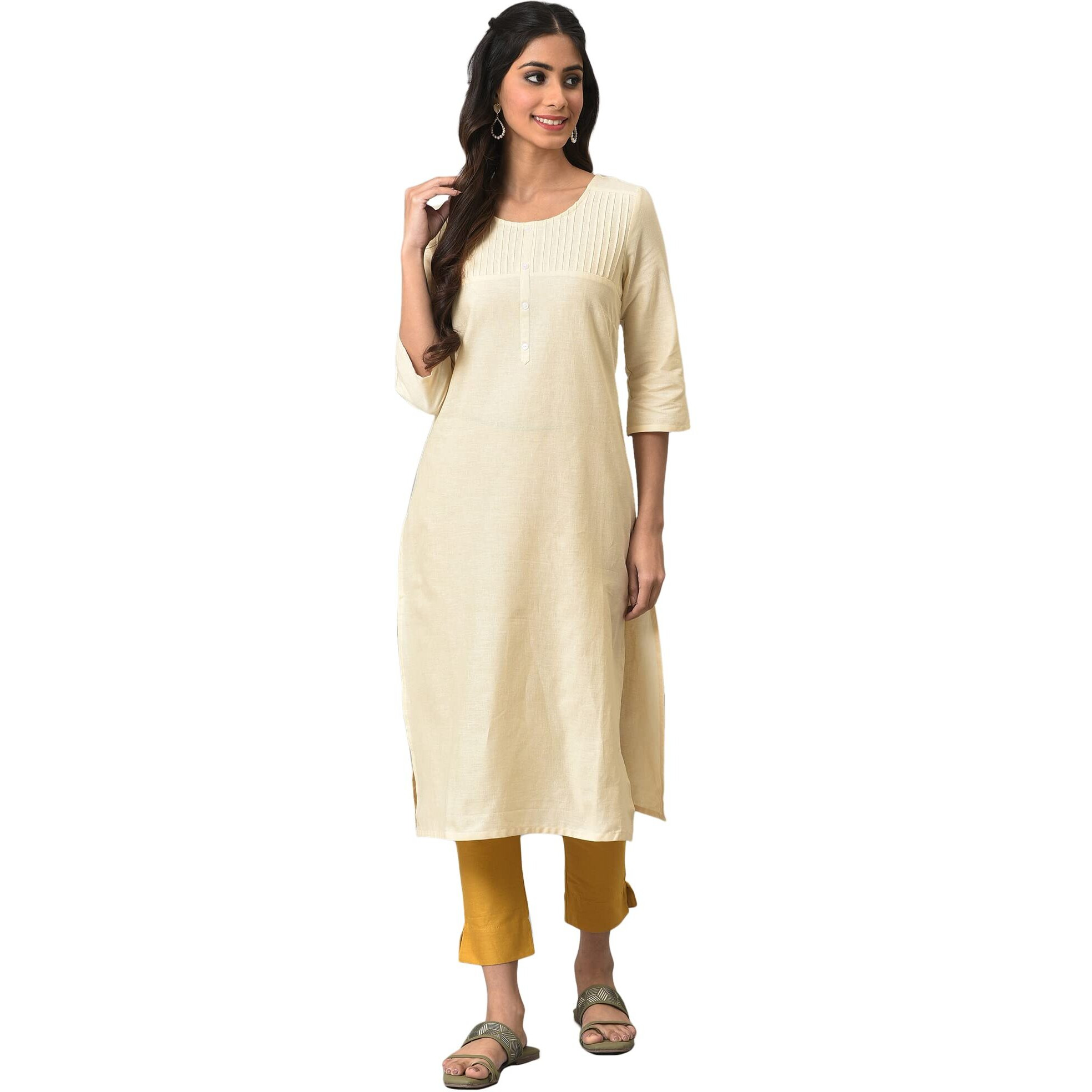 Aurelia Women's Cotton Blend Regular Kurta (22Sta10634-214356_Natural
