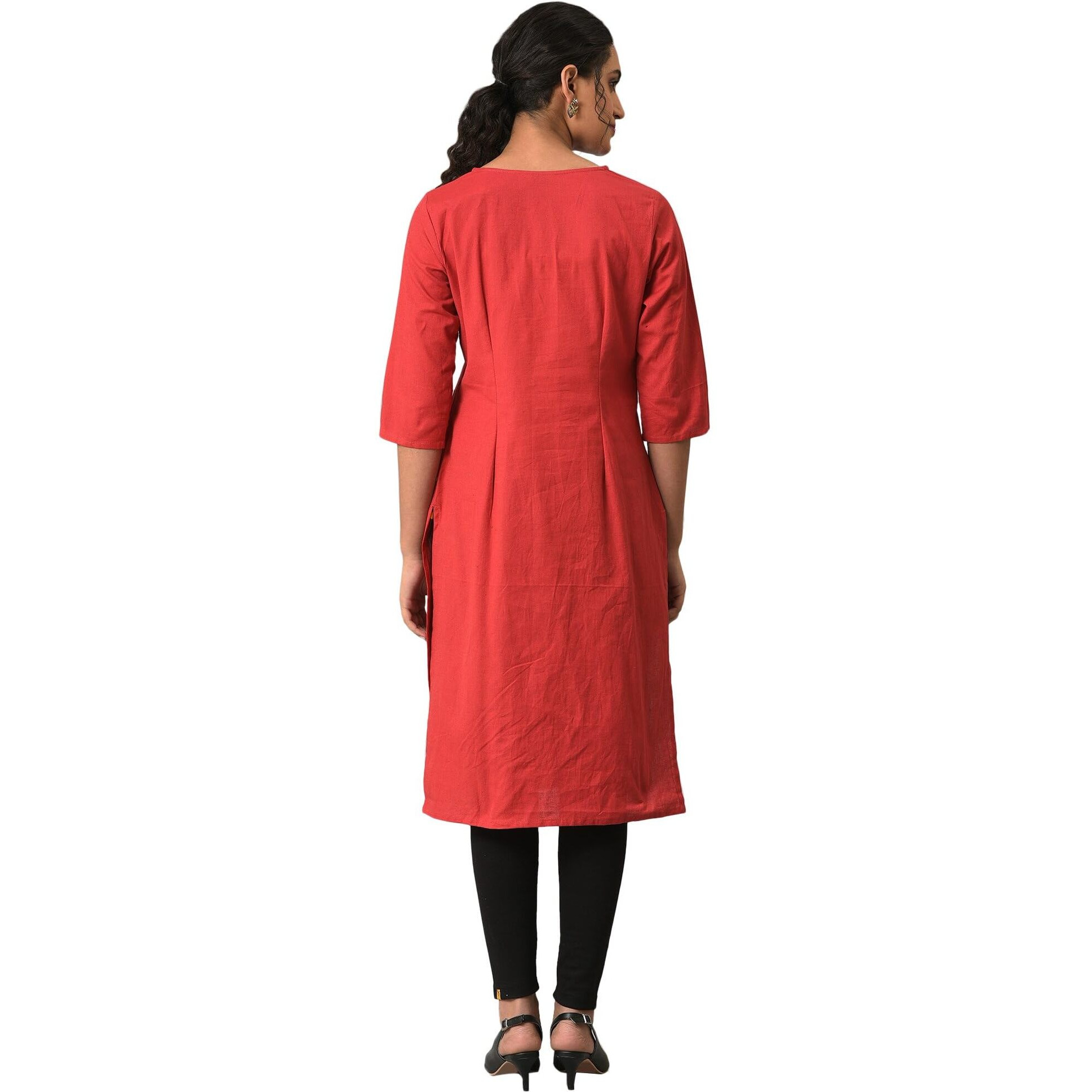 Aurelia Women's Red Solid Cotton Blend Regular Kurta