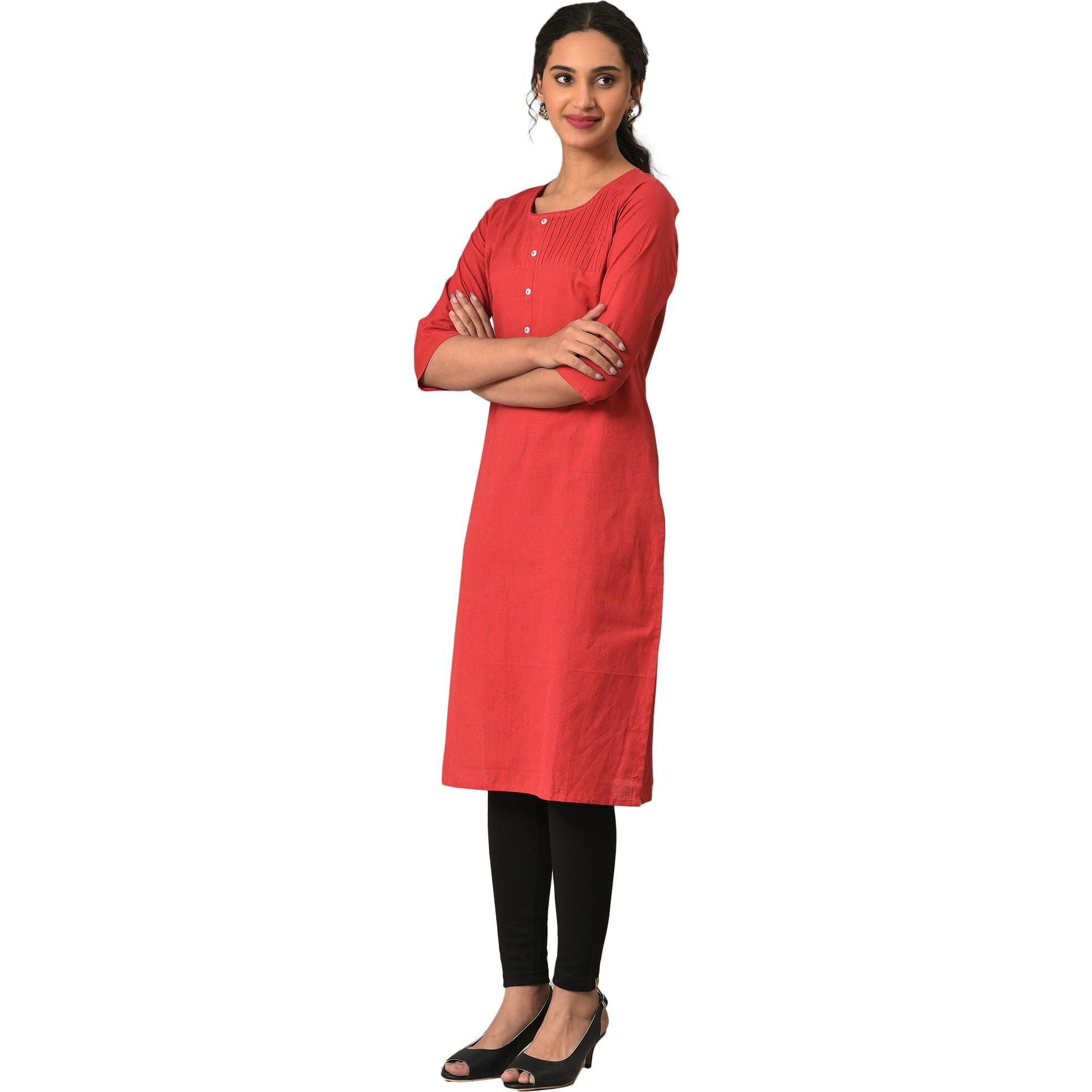 Aurelia Women's Red Solid Cotton Blend Regular Kurta