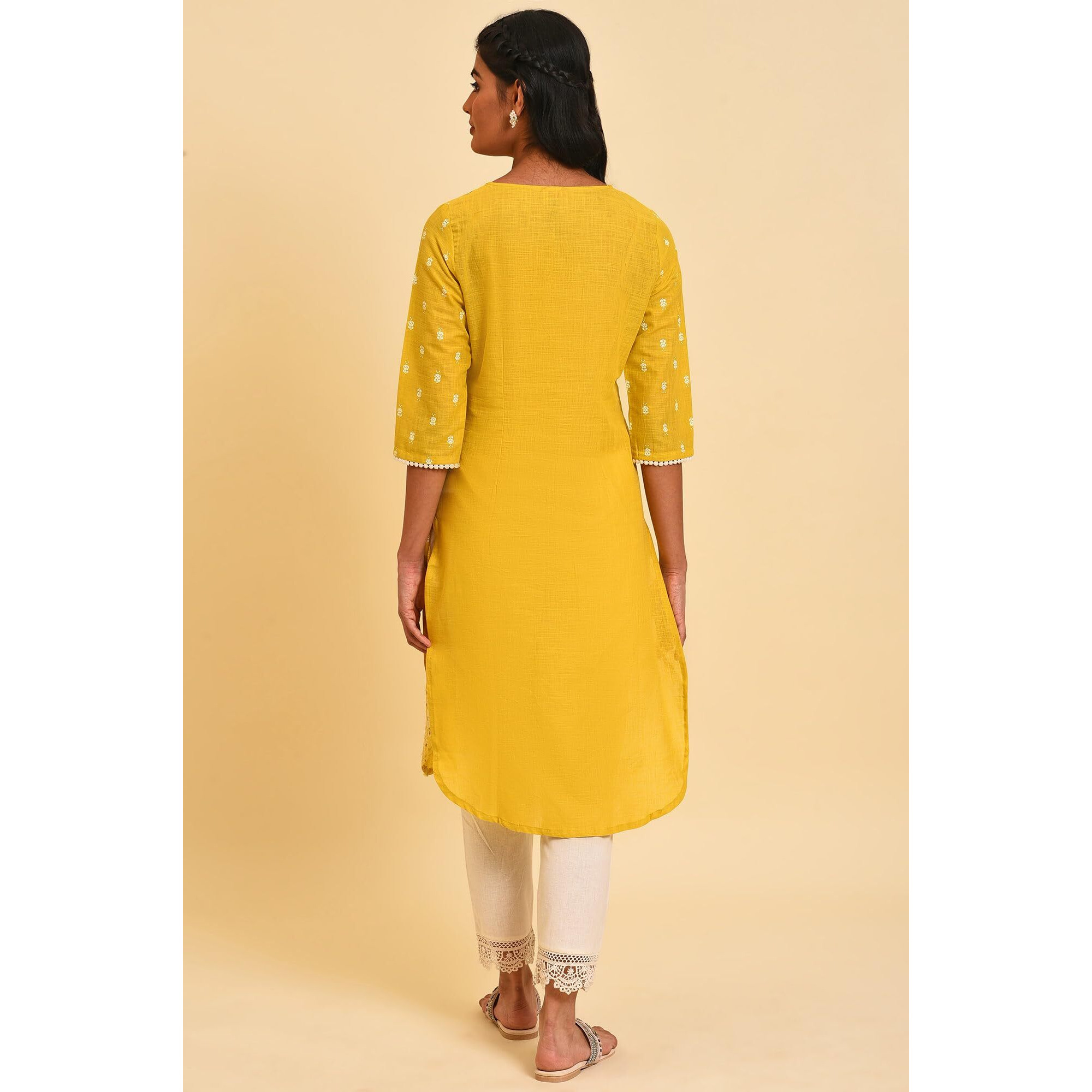 W Yellow Floral Printed Cotton Regular Glitter Lace Kurta For Women
