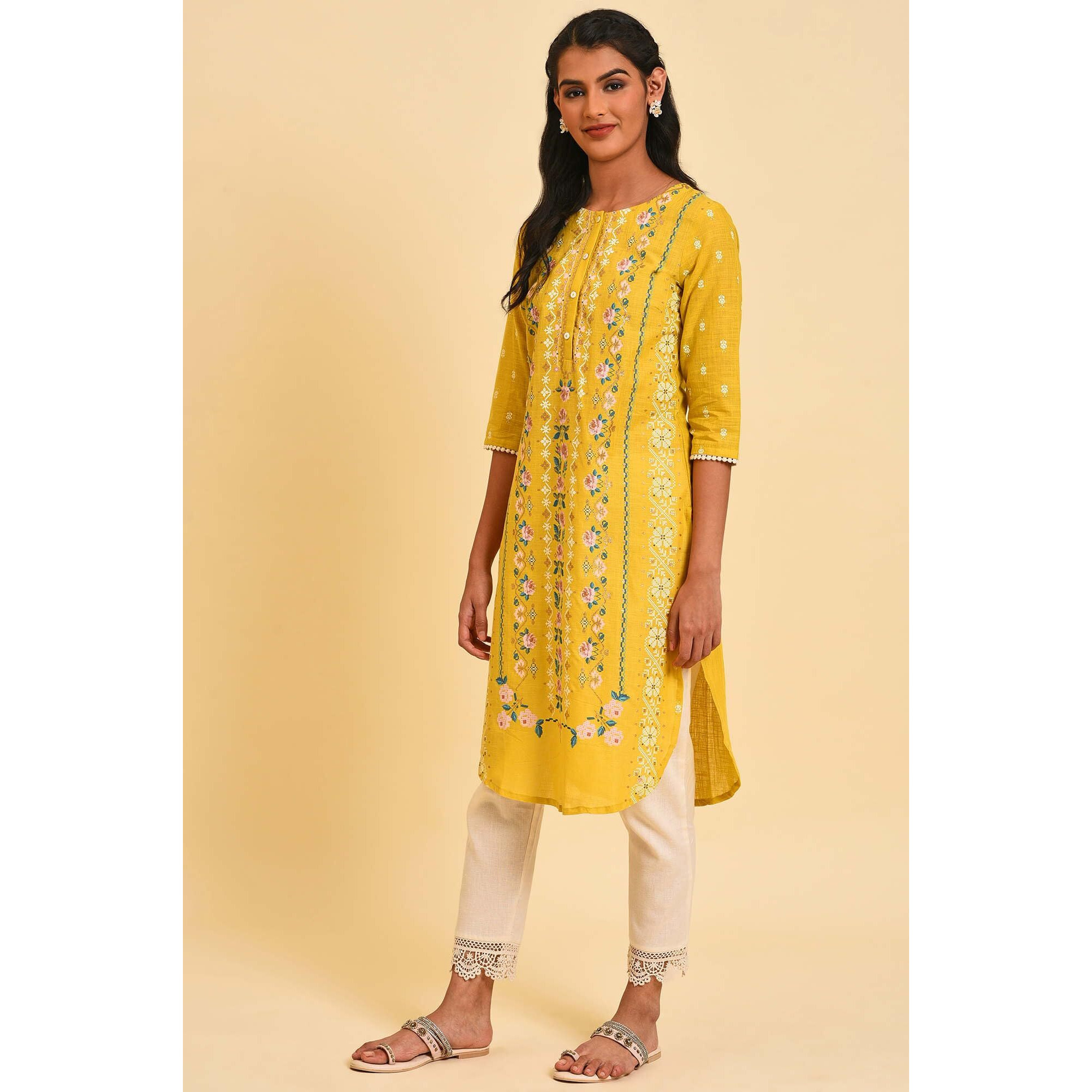 W Yellow Floral Printed Cotton Regular Glitter Lace Kurta For Women