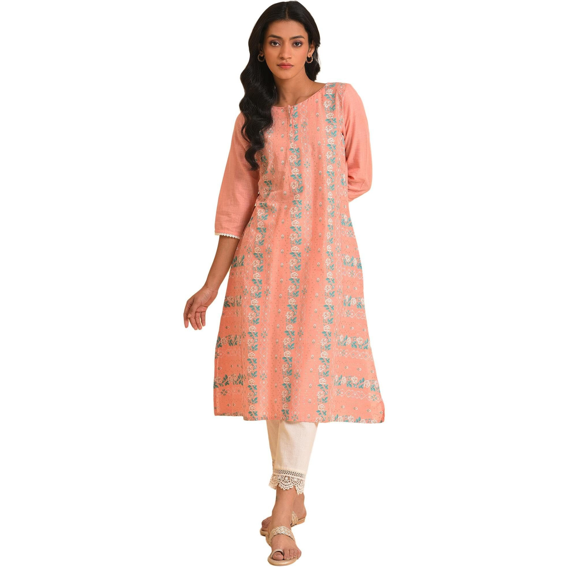 W For Woman Peach Glitter Printed A-Line Kurta (Size M)-23Few18649-120097