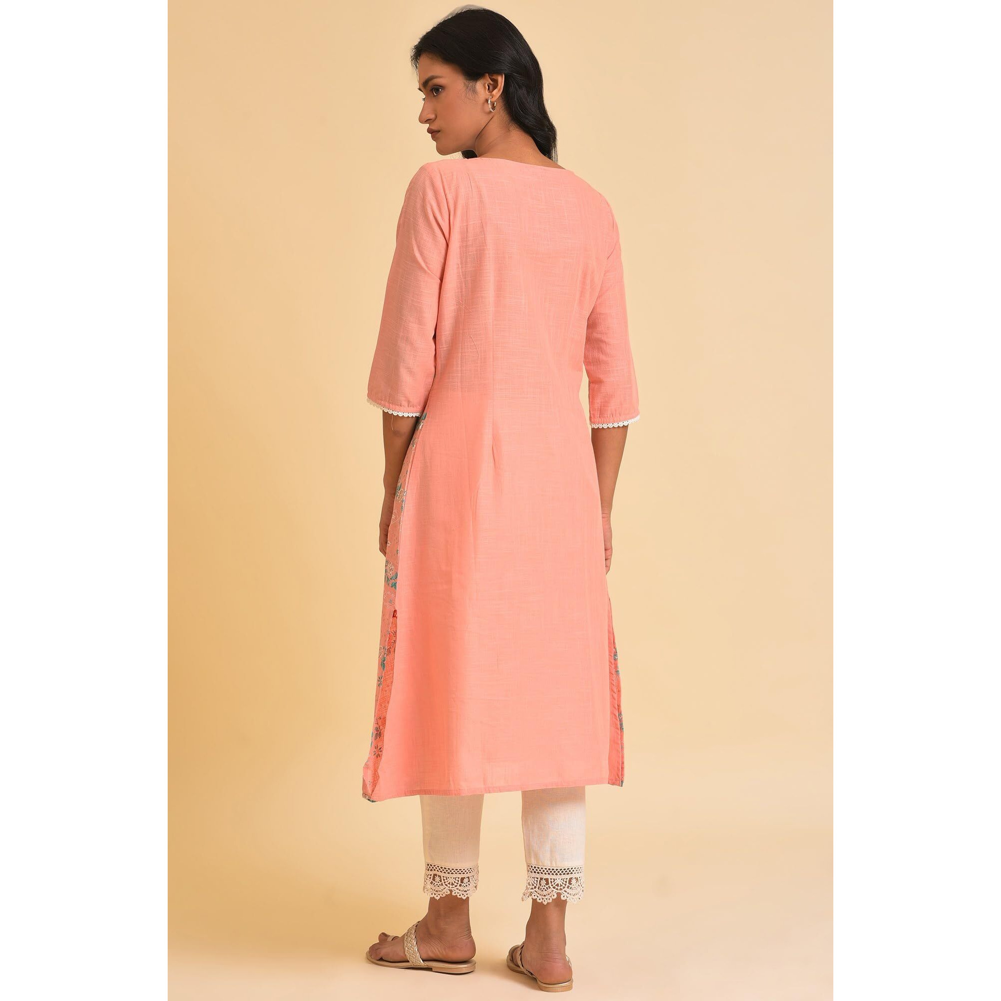 W For Woman Peach Glitter Printed A-Line Kurta (Size M)-23Few18649-120097