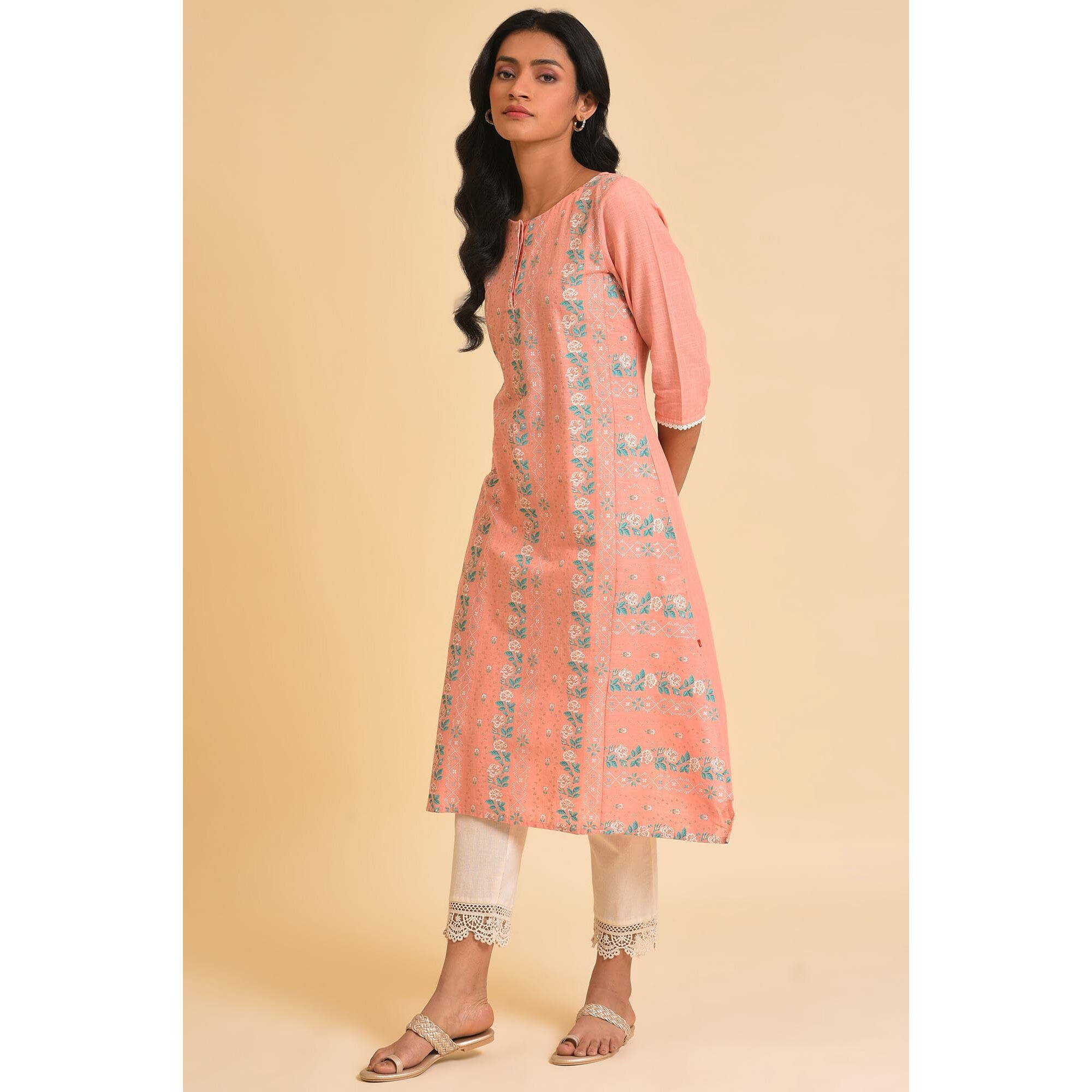 W For Woman Peach Glitter Printed A-Line Kurta (Size M)-23Few18649-120097