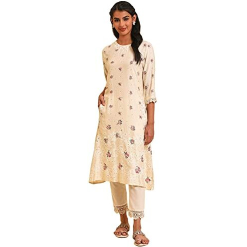 W For Woman Women's Rayon Regular Kurta (23Few18660-120030_Ecru_M)