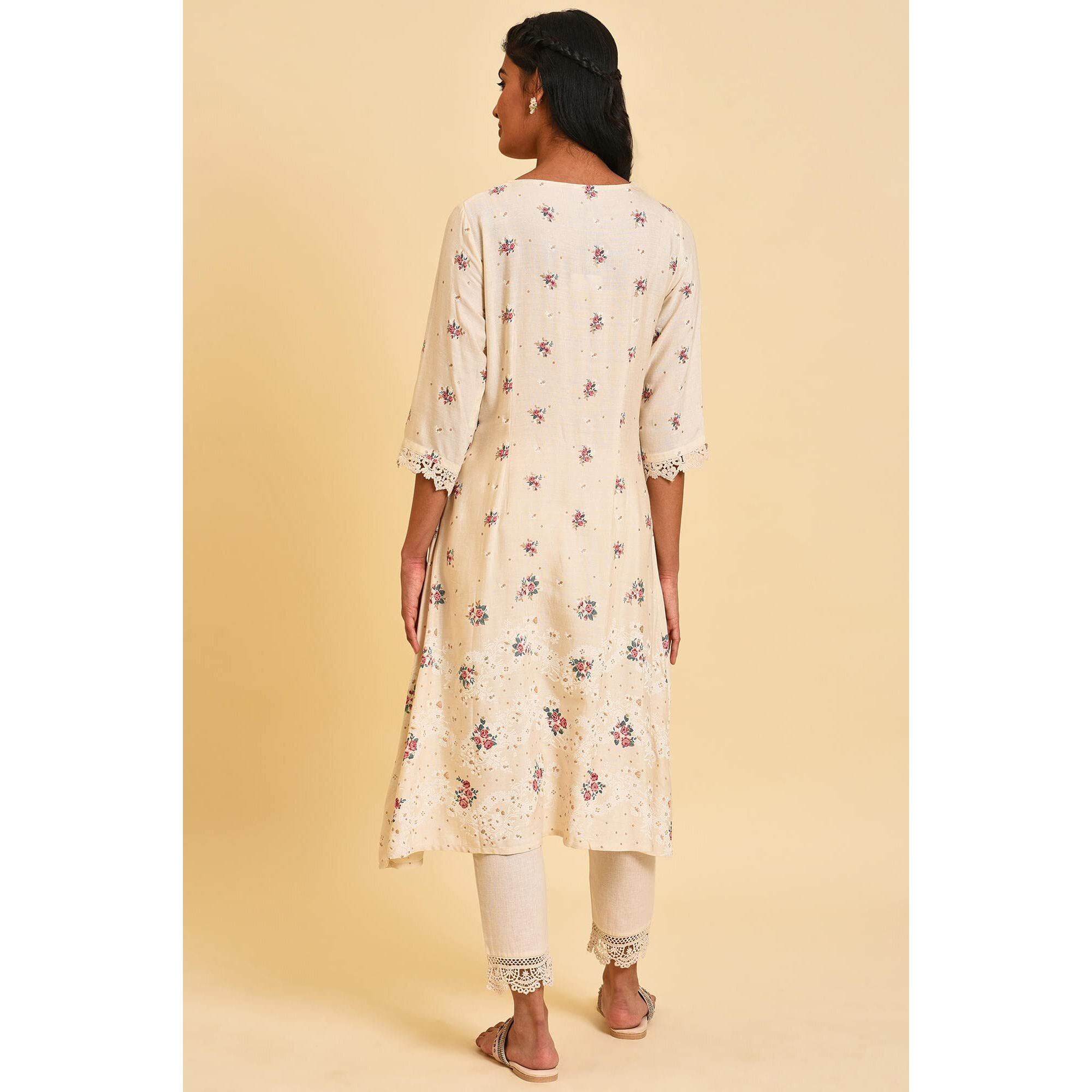 W For Woman Ecru Glitter Floral Print Mix Kurta_23Few18660-120030_L