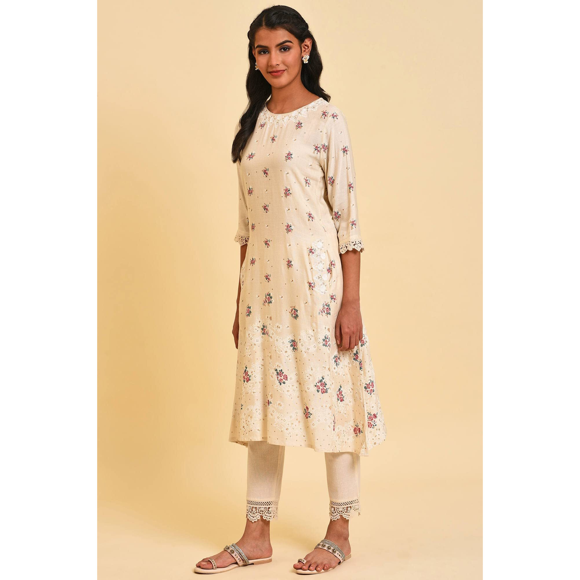 W For Woman Ecru Glitter Floral Print Mix Kurta_23Few18660-120030_L