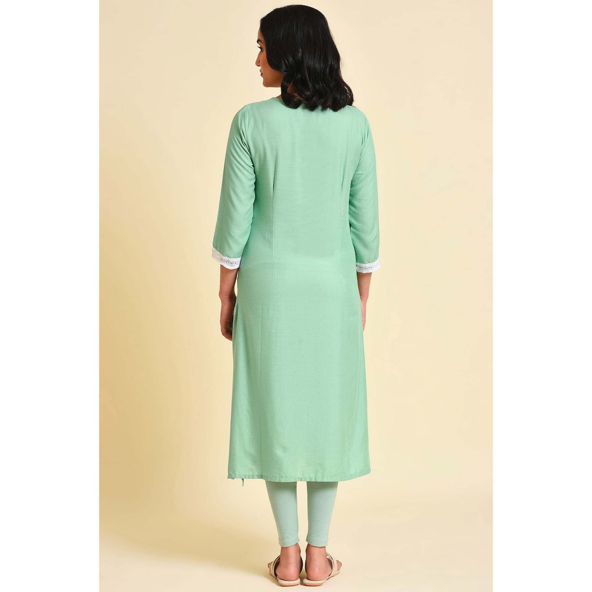 W For Woman Light Green Glitter Printed Straight Kurta_23Few18662-120047_L