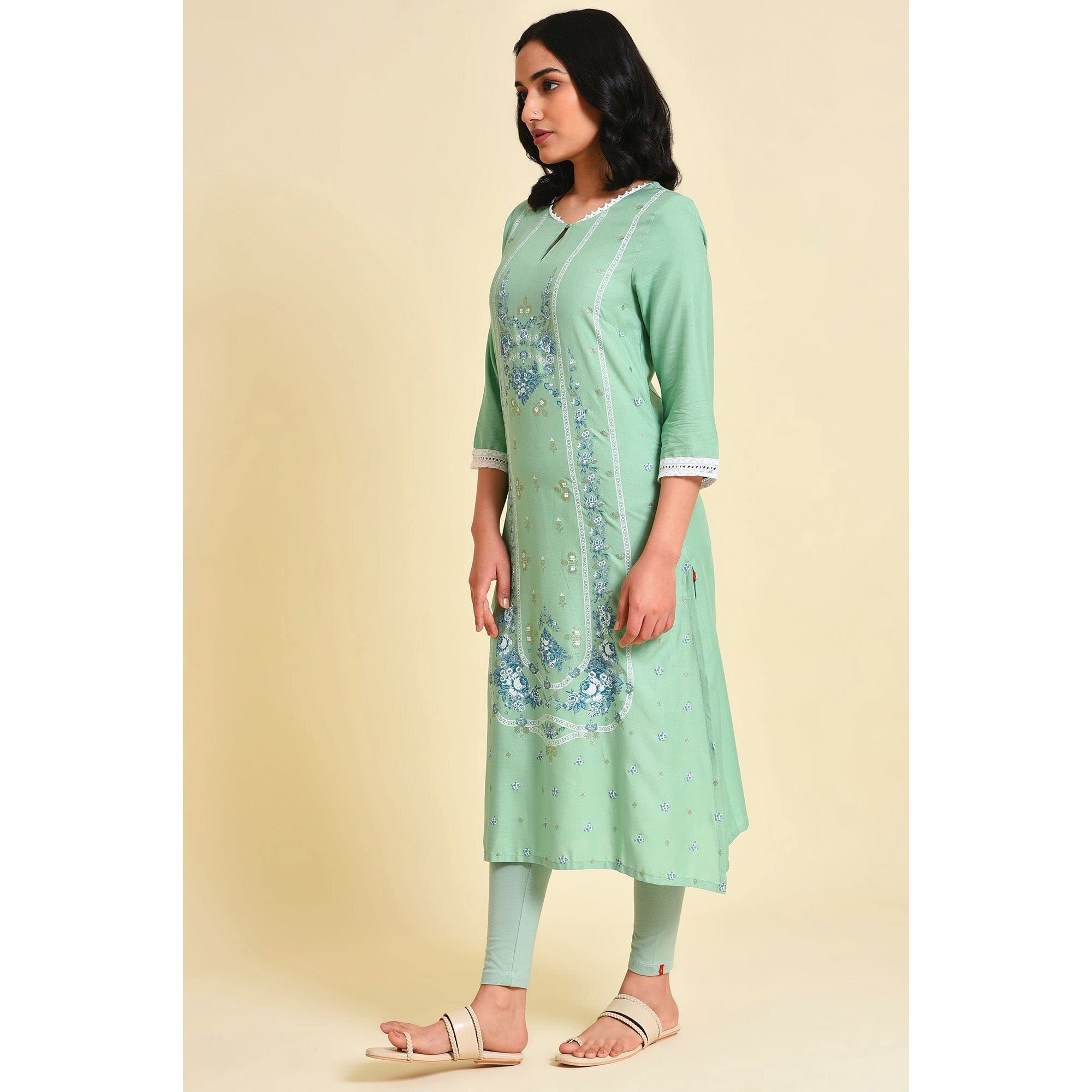W For Woman Light Green Glitter Printed Straight Kurta_23Few18662-120047_Xs