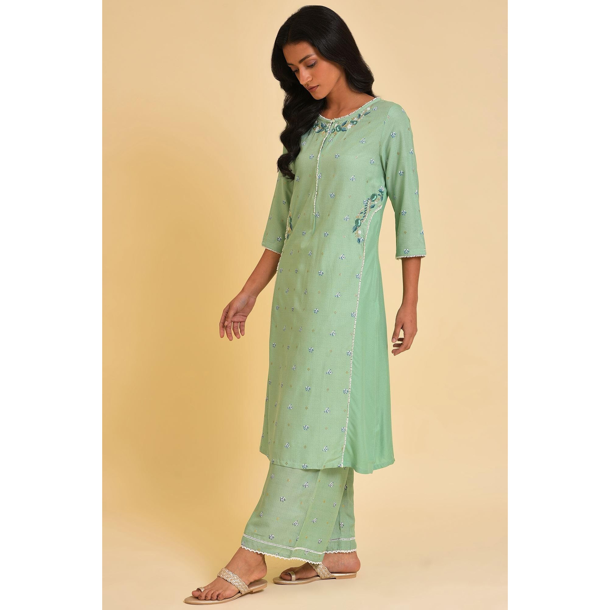 W For Woman Women's Viscose Regular Kurta (23Few18676-120048_Light_Olive