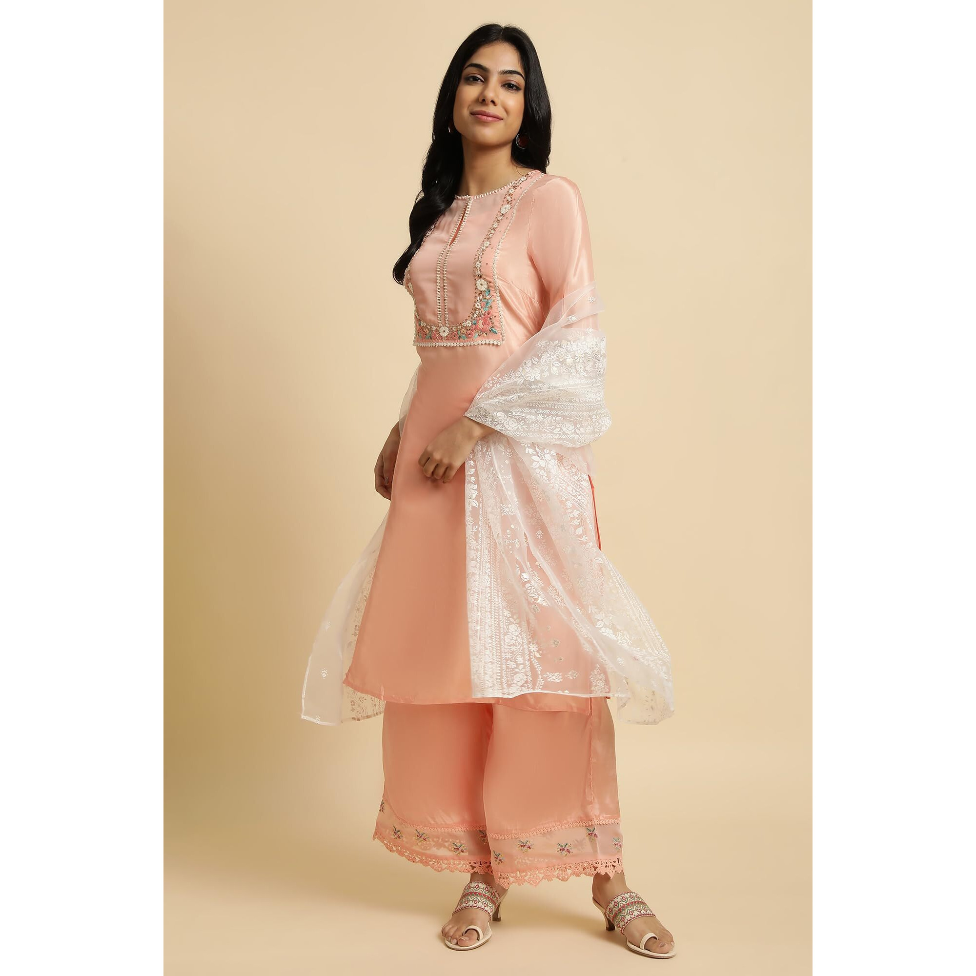 W For Woman Pink Embroidered Kurta Set (Size Xs)-23Fews18646-218837