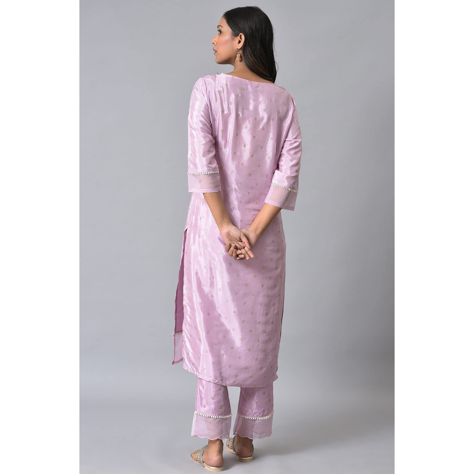 W For Woman Light Purple Embroidered Glitter Straight Long Kurta