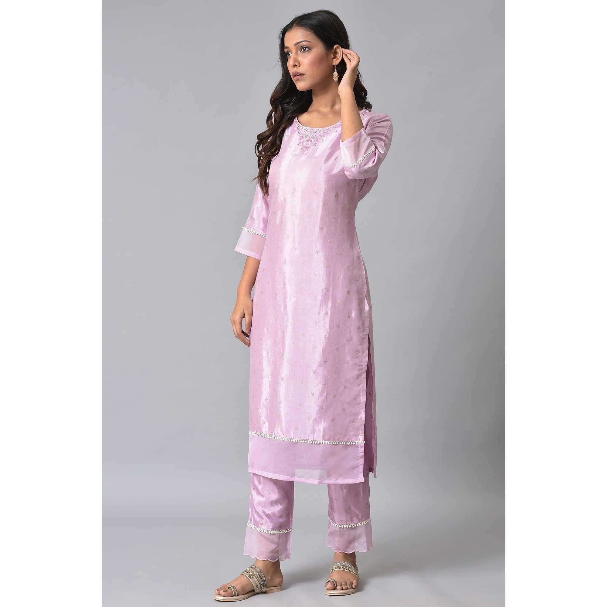W For Woman Light Purple Embroidered Glitter Straight Long Kurta