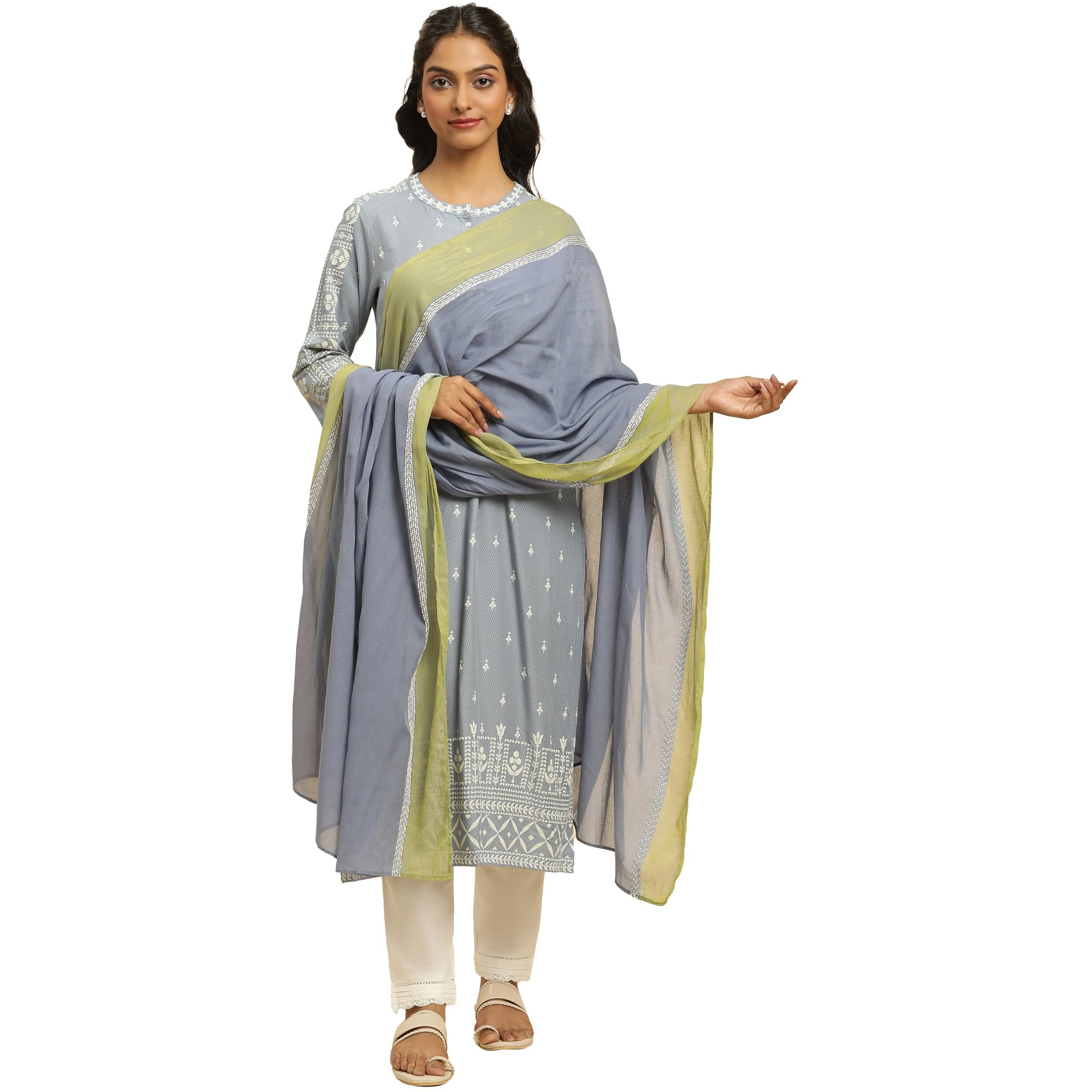 W For Woman Women's Cotton Celery Green And Blue Colour Block Dupatta_23Few81825-312899_Free Size