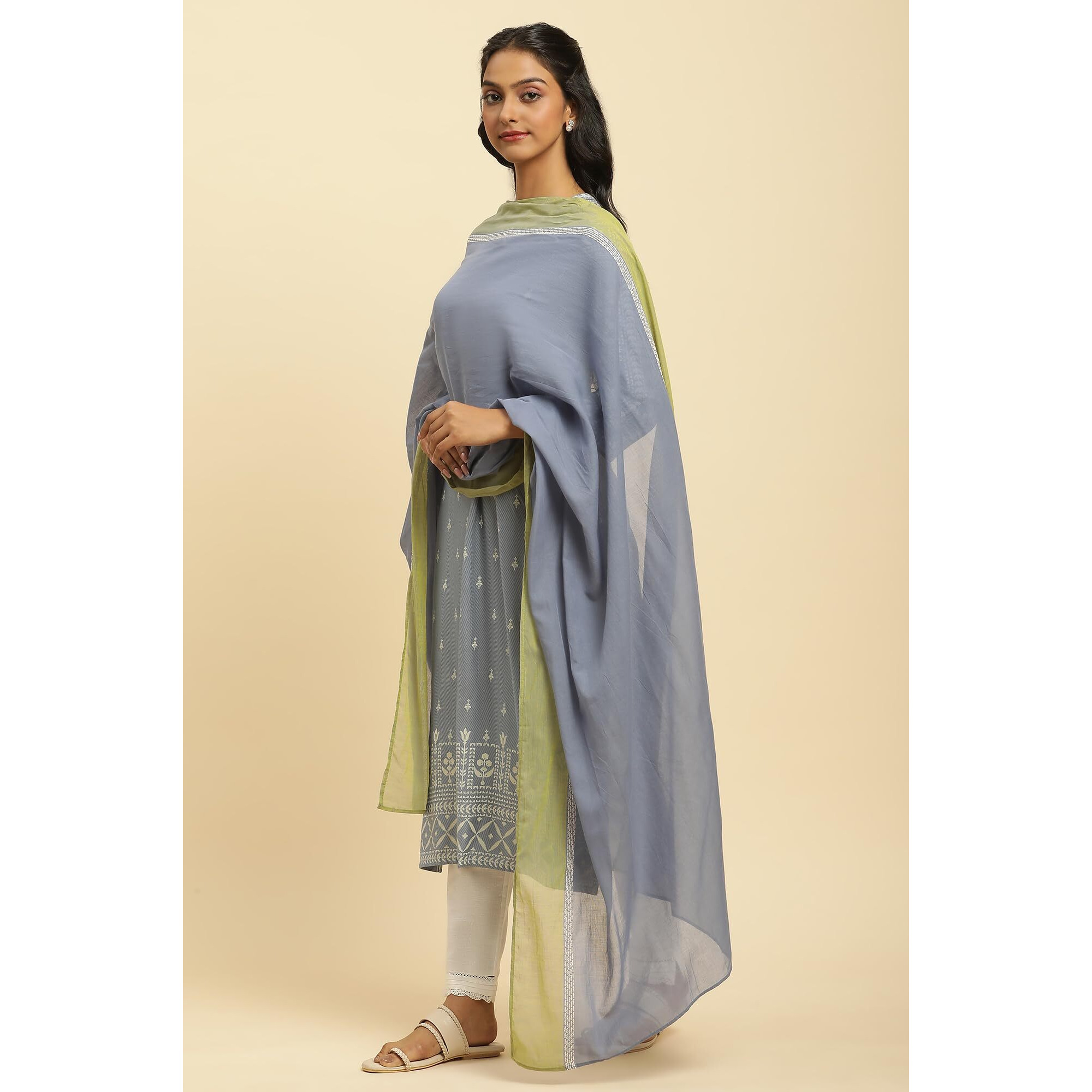 W For Woman Women's Cotton Celery Green And Blue Colour Block Dupatta_23Few81825-312899_Free Size