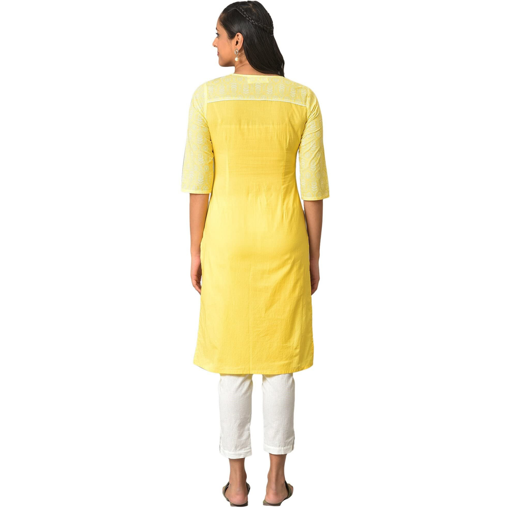 Yellow Floral Printed V-Neck Kurta