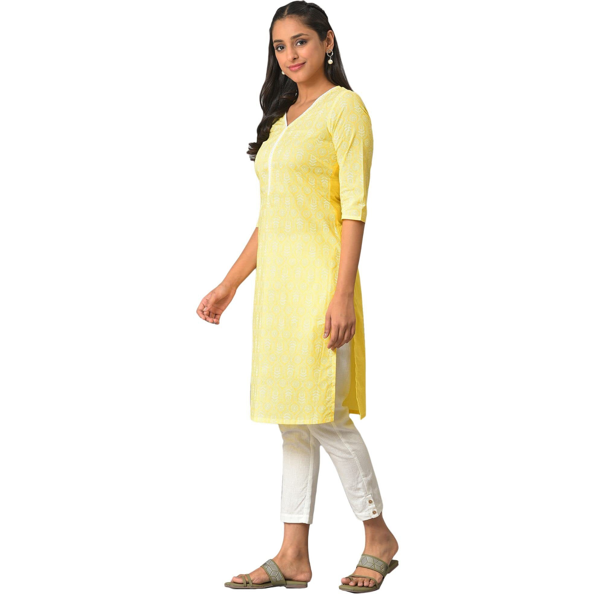 Yellow Floral Printed V-Neck Kurta