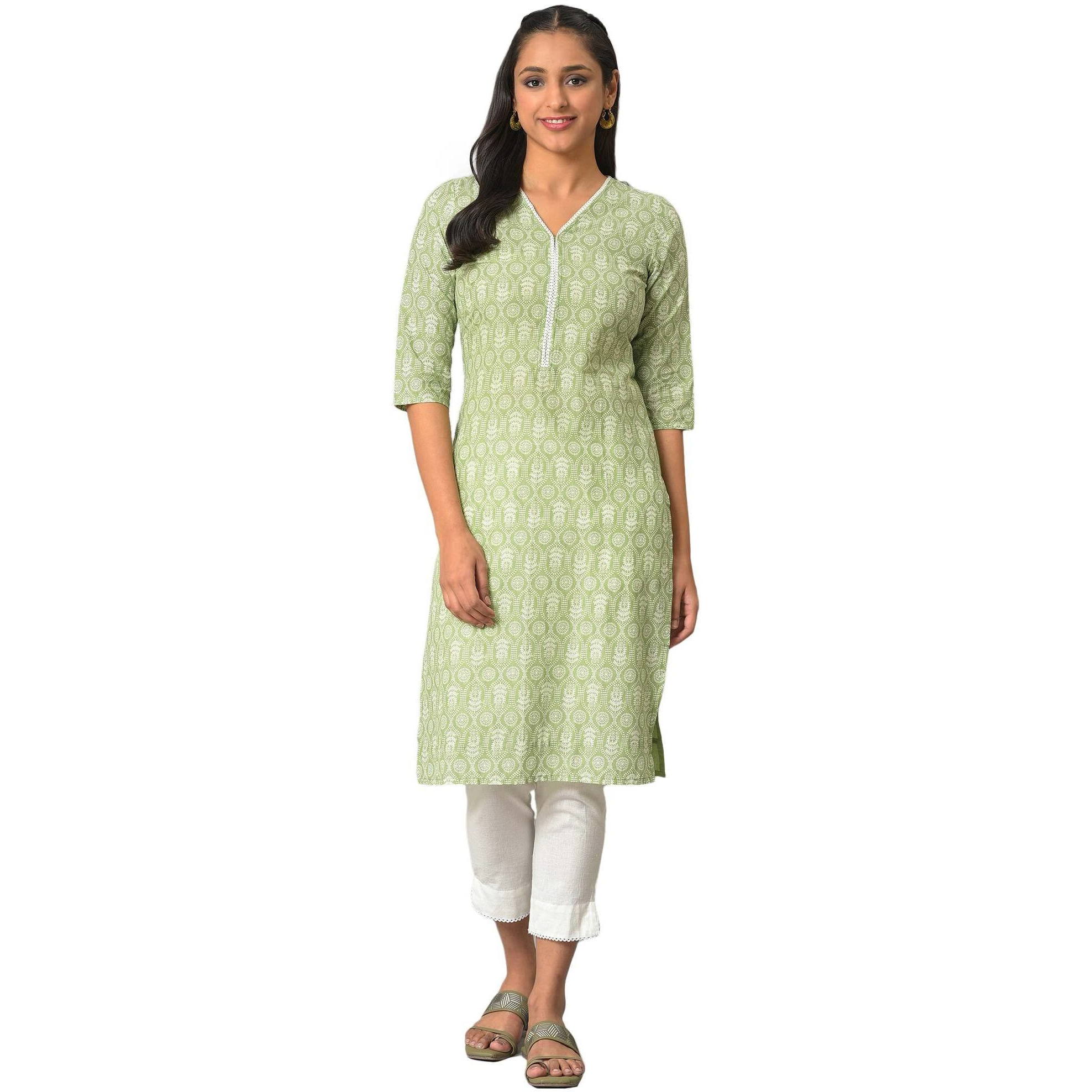 Aurelia Women's Floral Printed Printed Regular Green Cotton Kurta