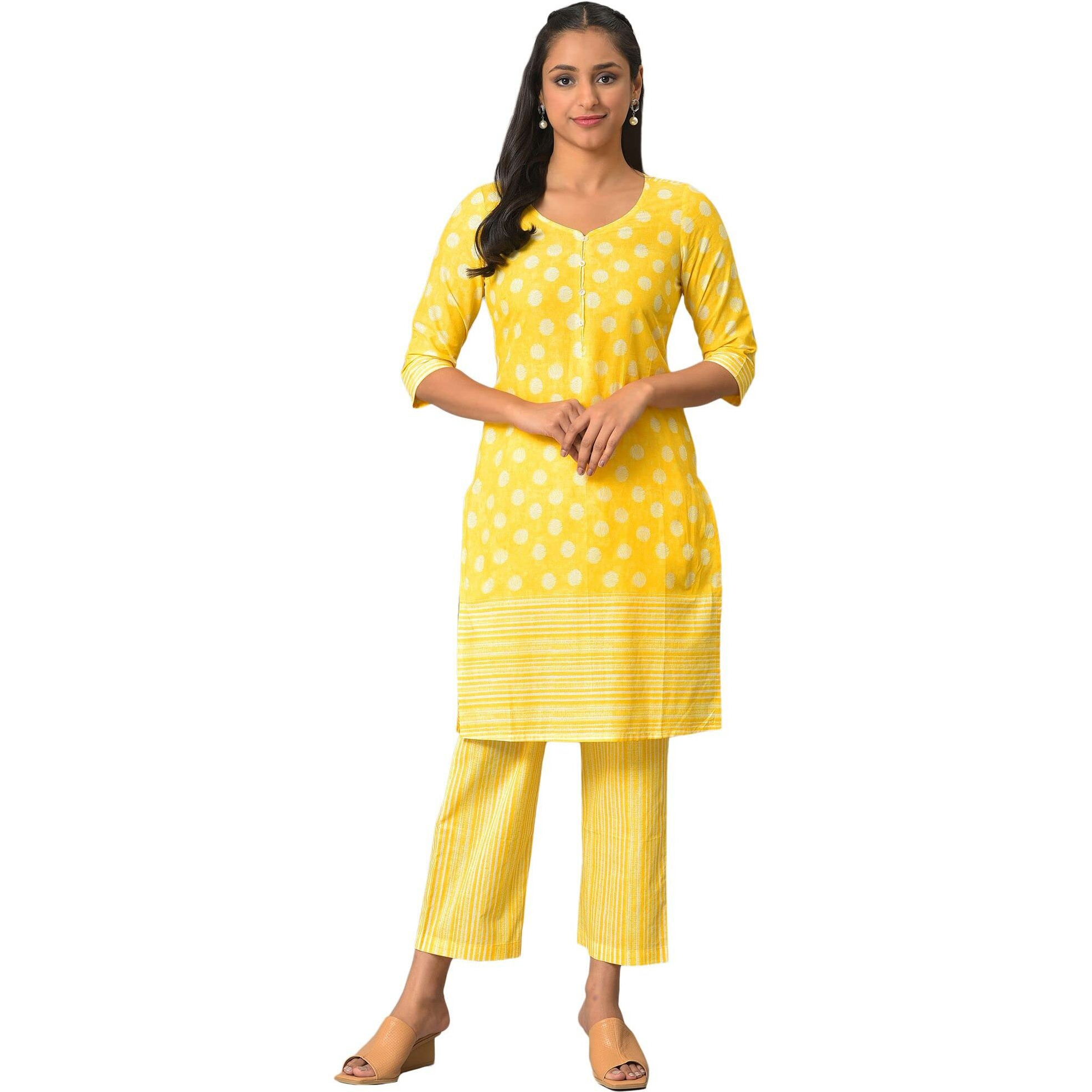 Yellow Polka Dots Printed Cotton Kurta With Narrow Palaza