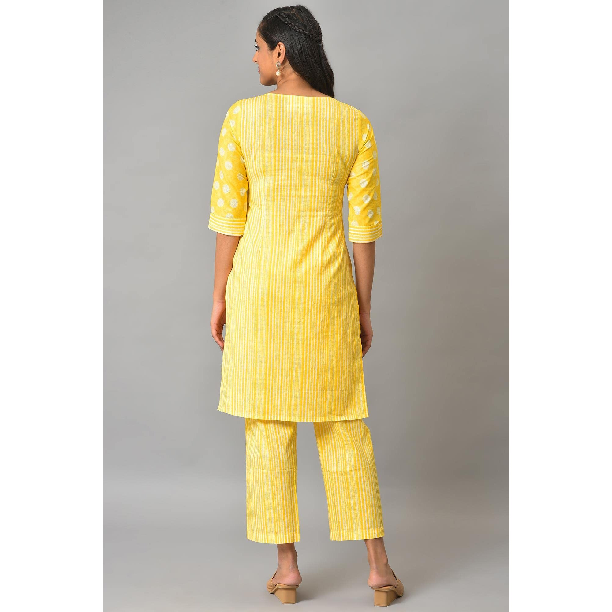 Yellow Polka Dots Printed Cotton Kurta With Narrow Palaza