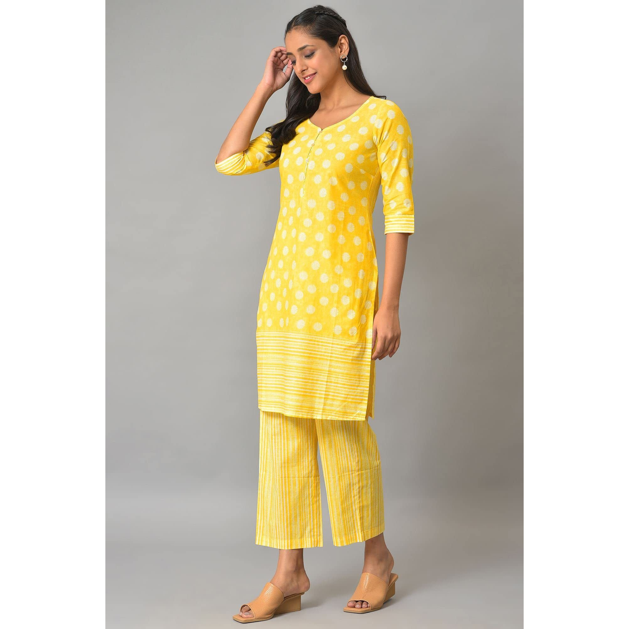 Yellow Polka Dots Printed Cotton Kurta With Narrow Palaza
