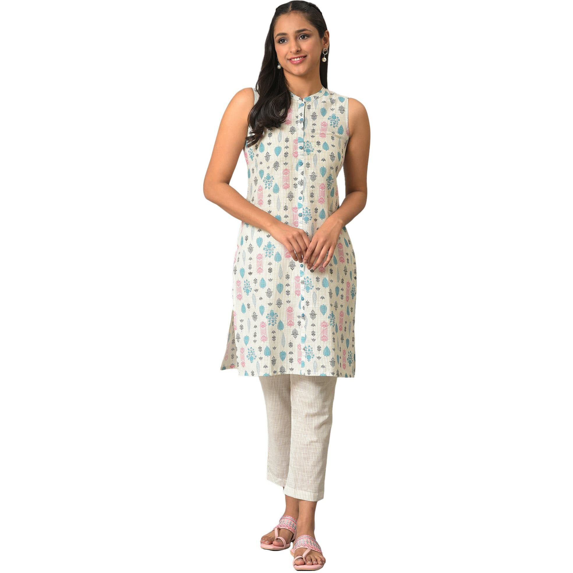Aurelia Geometric Printed Off White Cotton Women's Kurta And Trousers Set