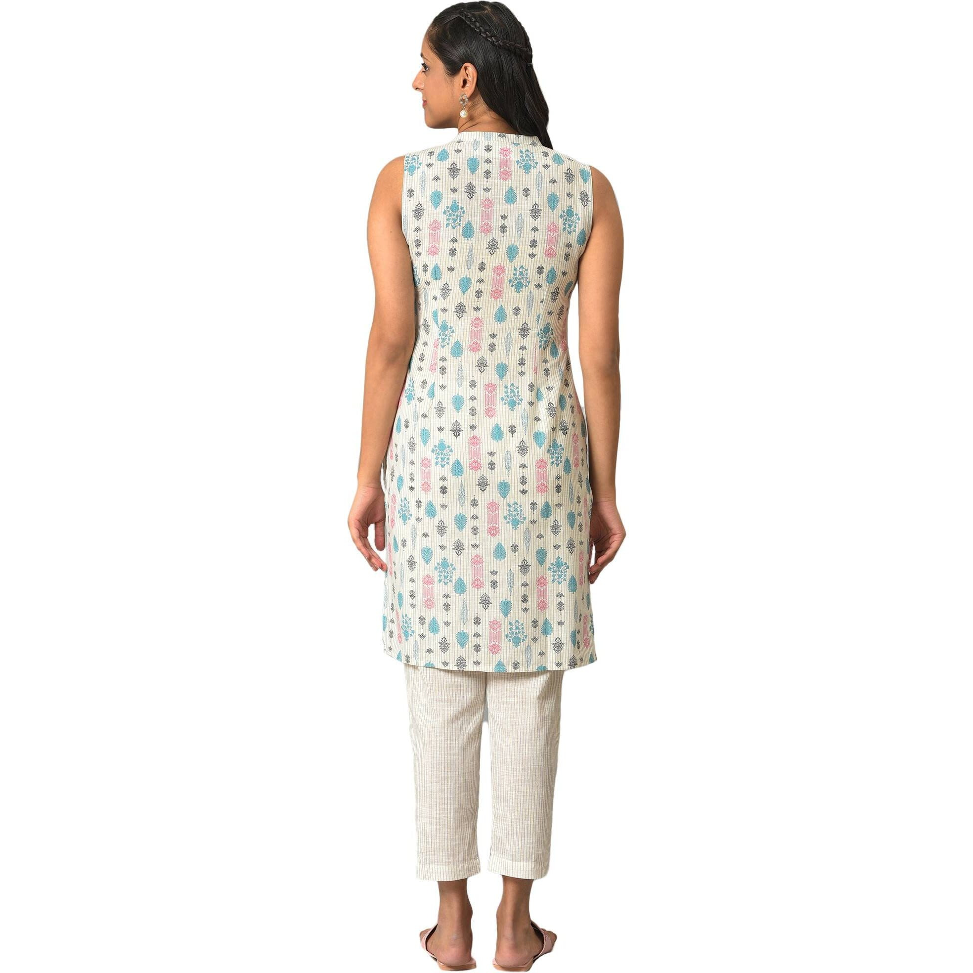 Aurelia Geometric Printed Off White Cotton Women's Kurta And Trousers Set