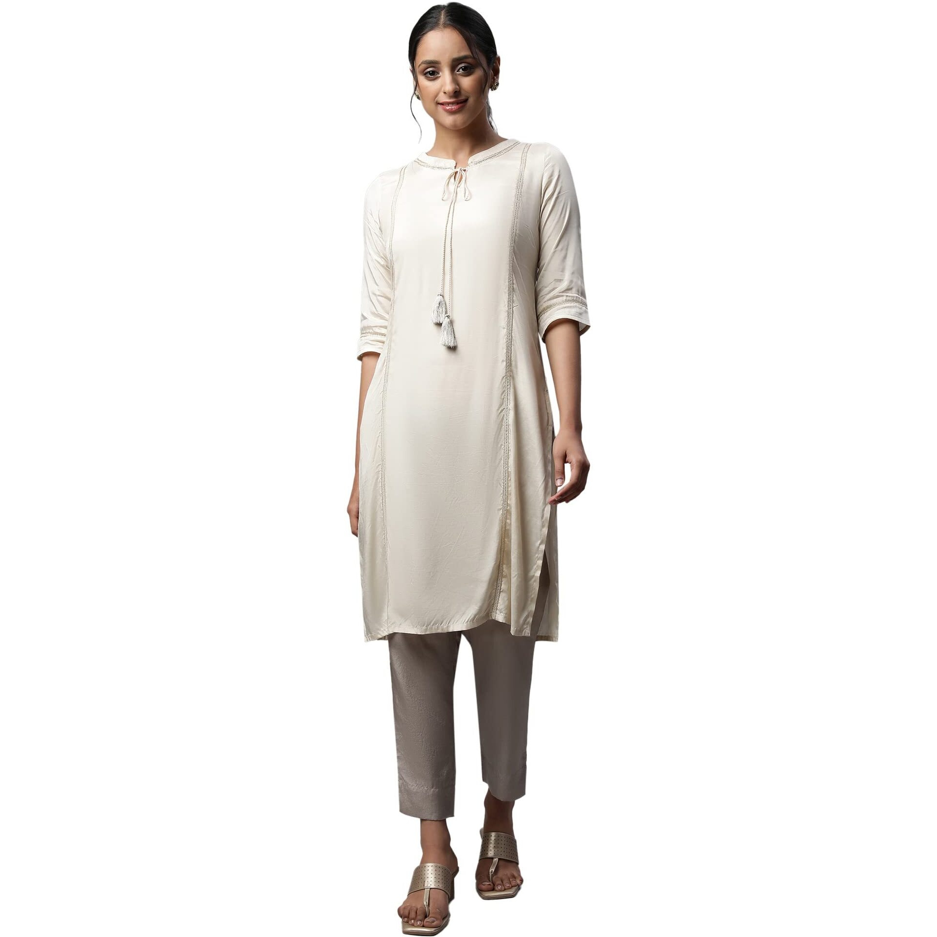 Aurelia Women's Rayon Regular Off White Shantung Solid Kurta (23Fea13942-605337