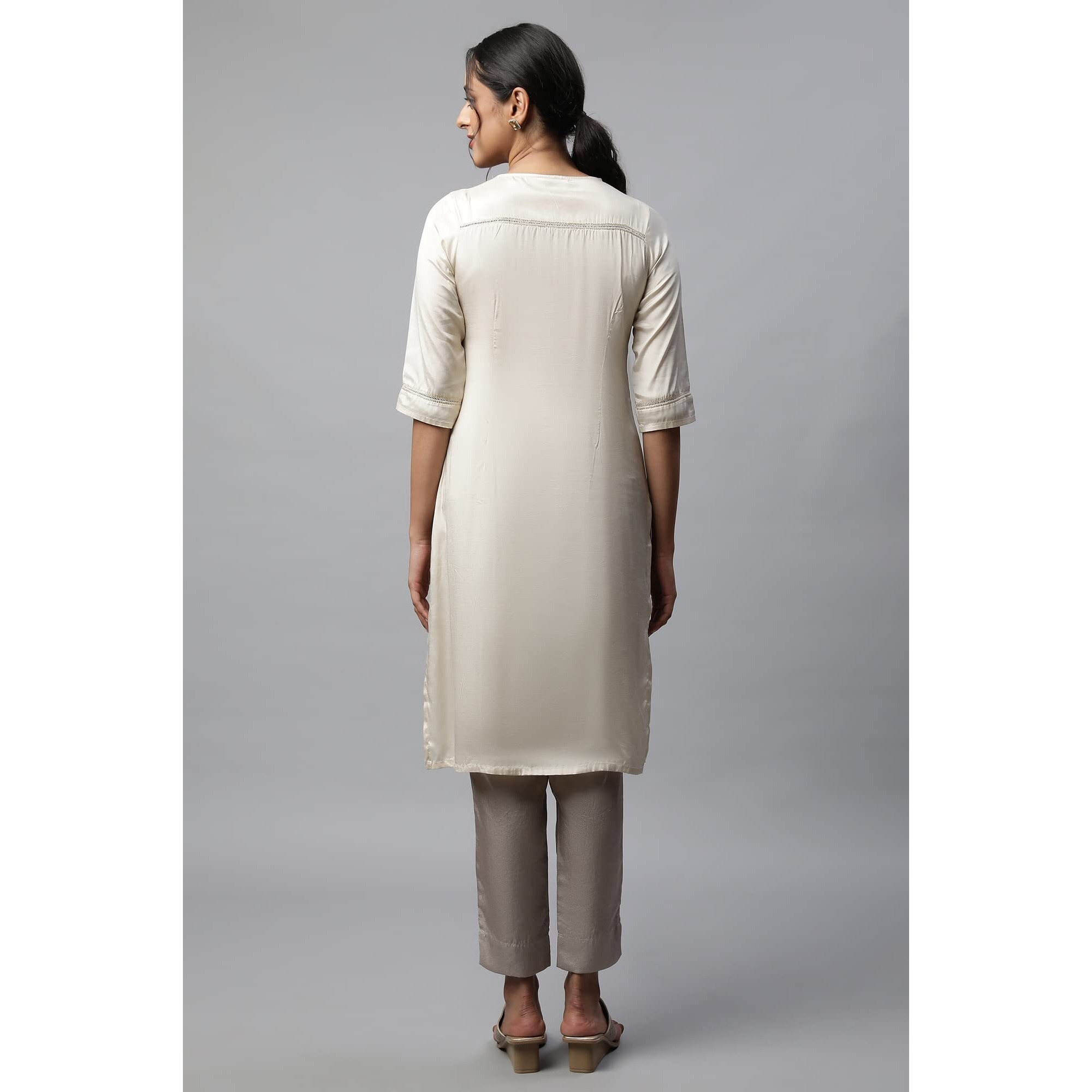 Aurelia Women's Rayon Regular Off White Shantung Solid Kurta (23Fea13942-605337