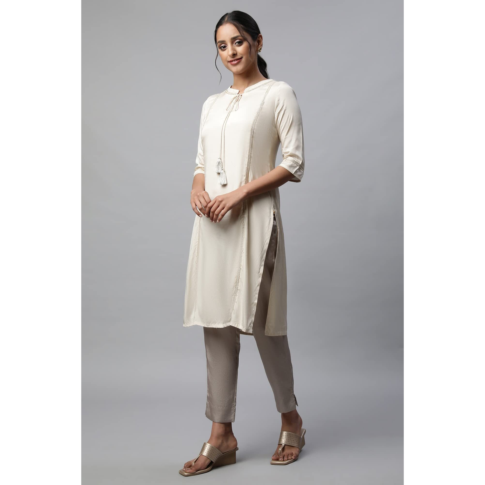 Aurelia Women's Rayon Regular Off White Shantung Solid Kurta (23Fea13942-605337