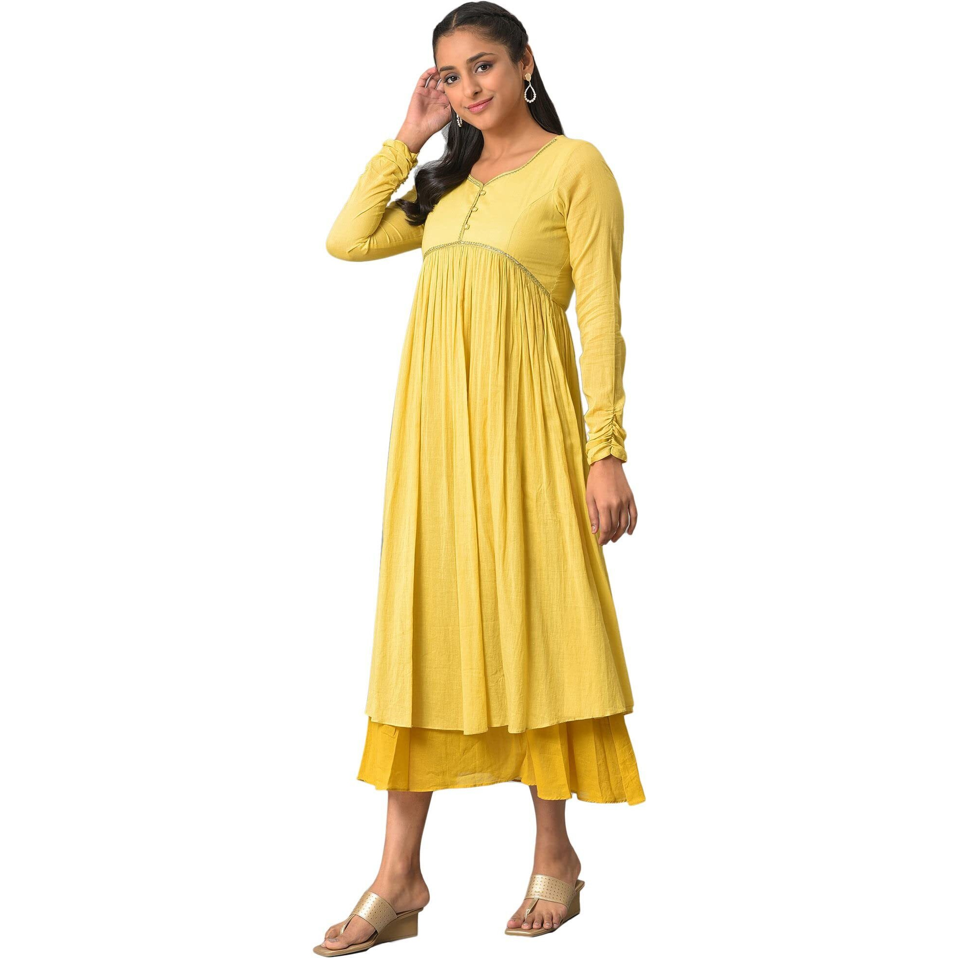 Yellow Flared Solid Dress