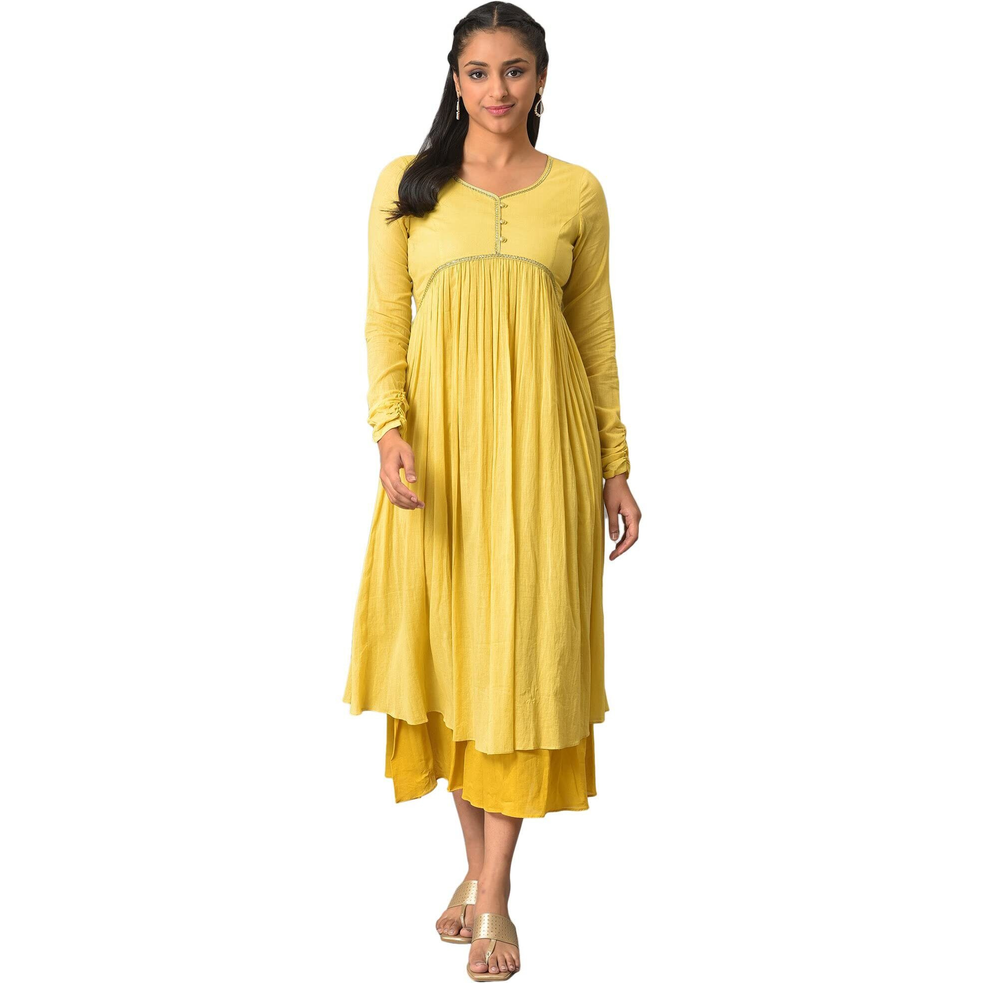 Aurelia Women's Cotton Fit And Flare Midi Dress (23Fea13936-605328_Yellow