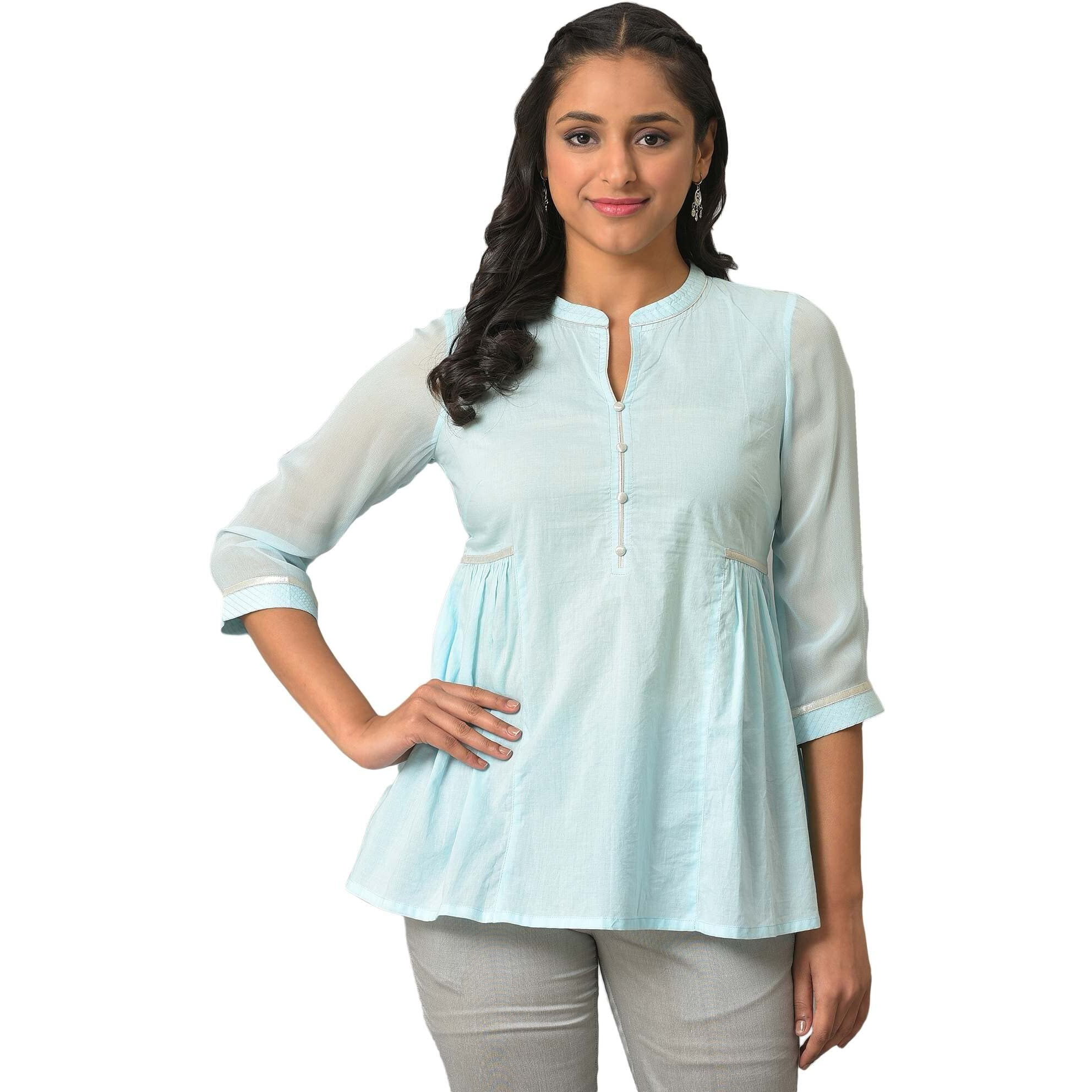 Aurelia Women's Solid Loose Blue Cotton Gathered Short Kurti (23Fea30339-605335