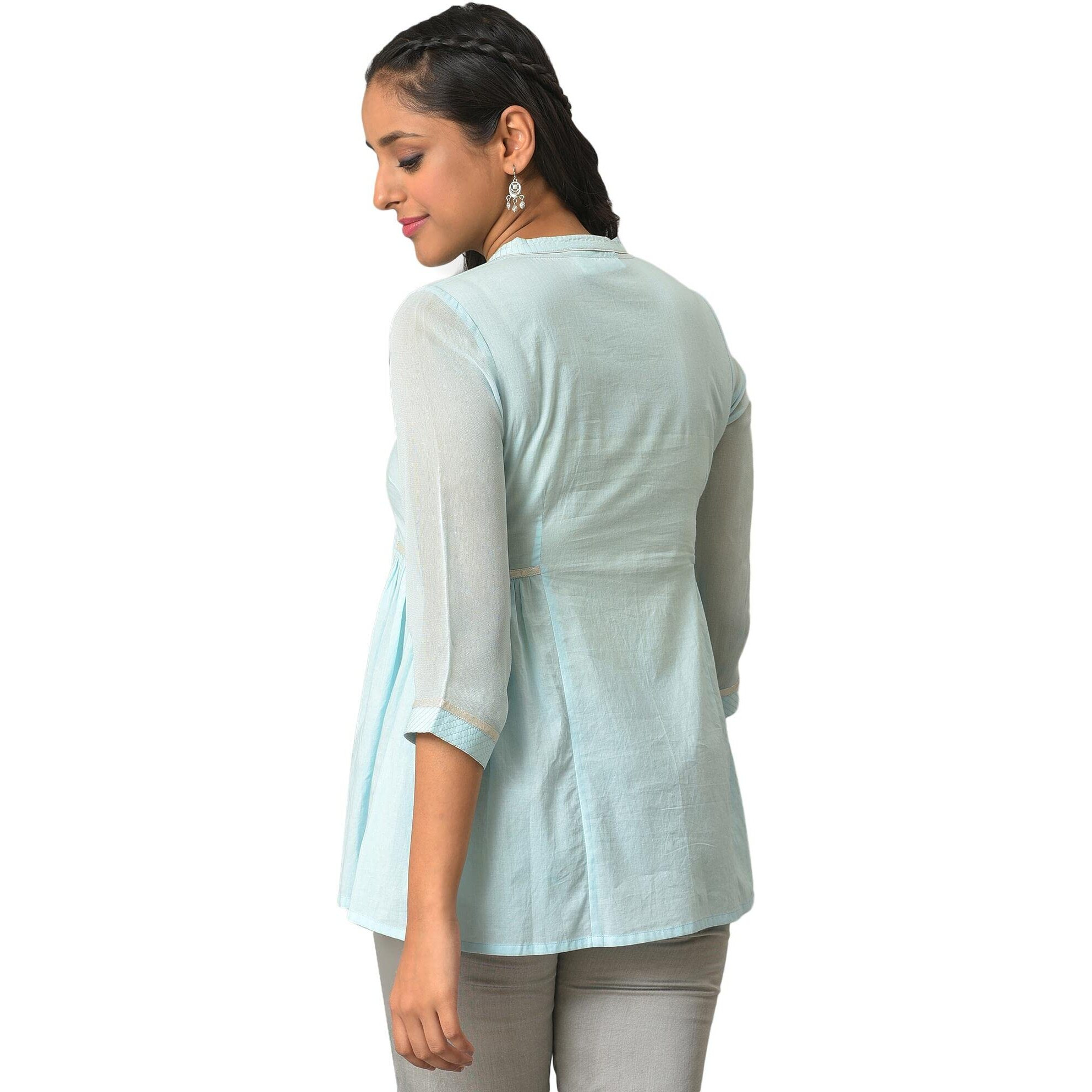 Aurelia Women's Solid Loose Blue Cotton Gathered Short Kurti (23Fea30339-605335