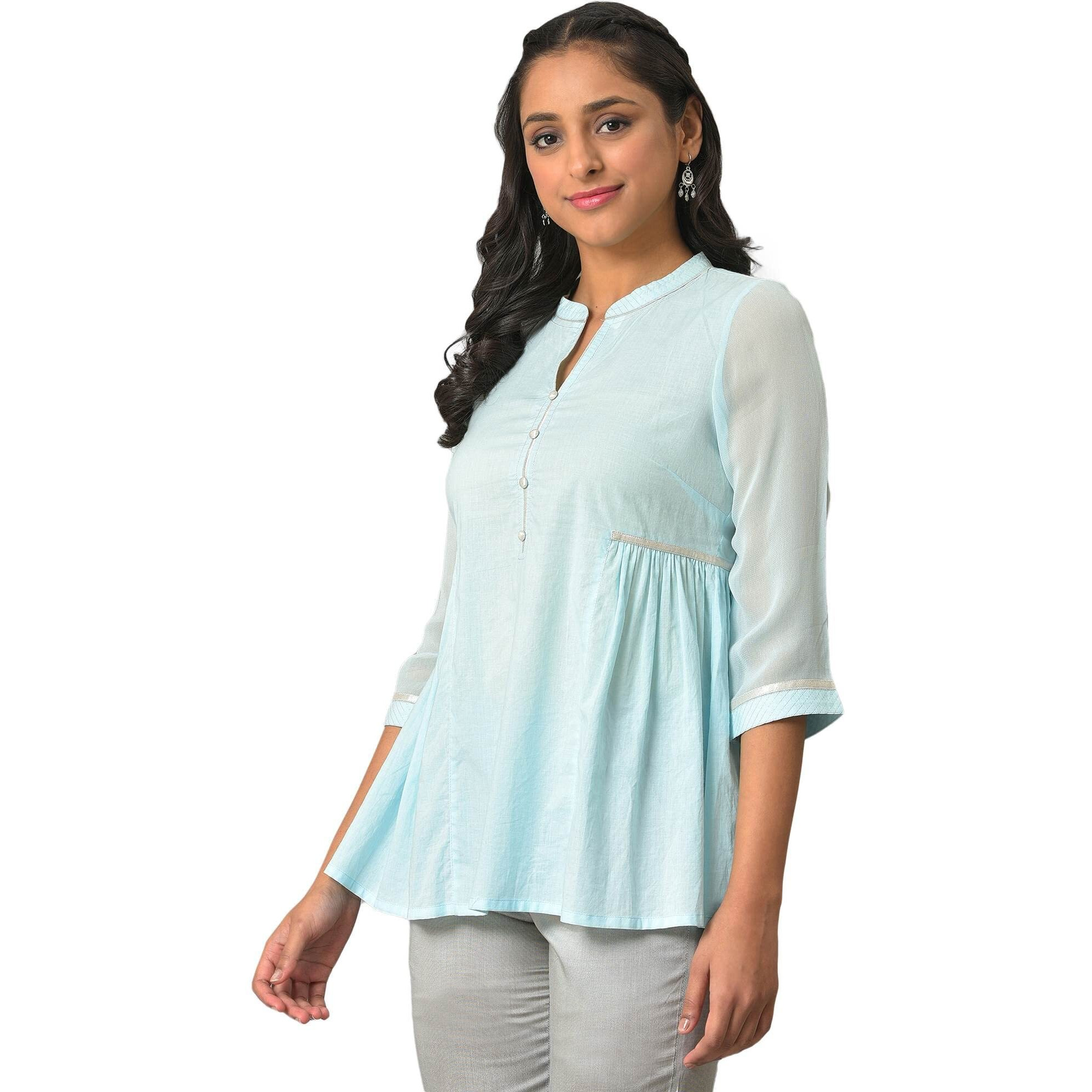 Aurelia Women's Solid Loose Blue Cotton Gathered Short Kurti (23Fea30339-605335