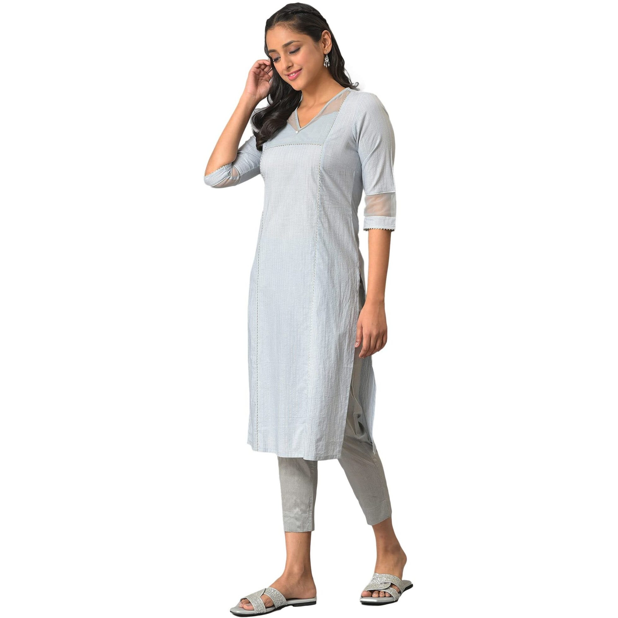 Aurelia Blue Solid Sequin Cotton Regular Kurta