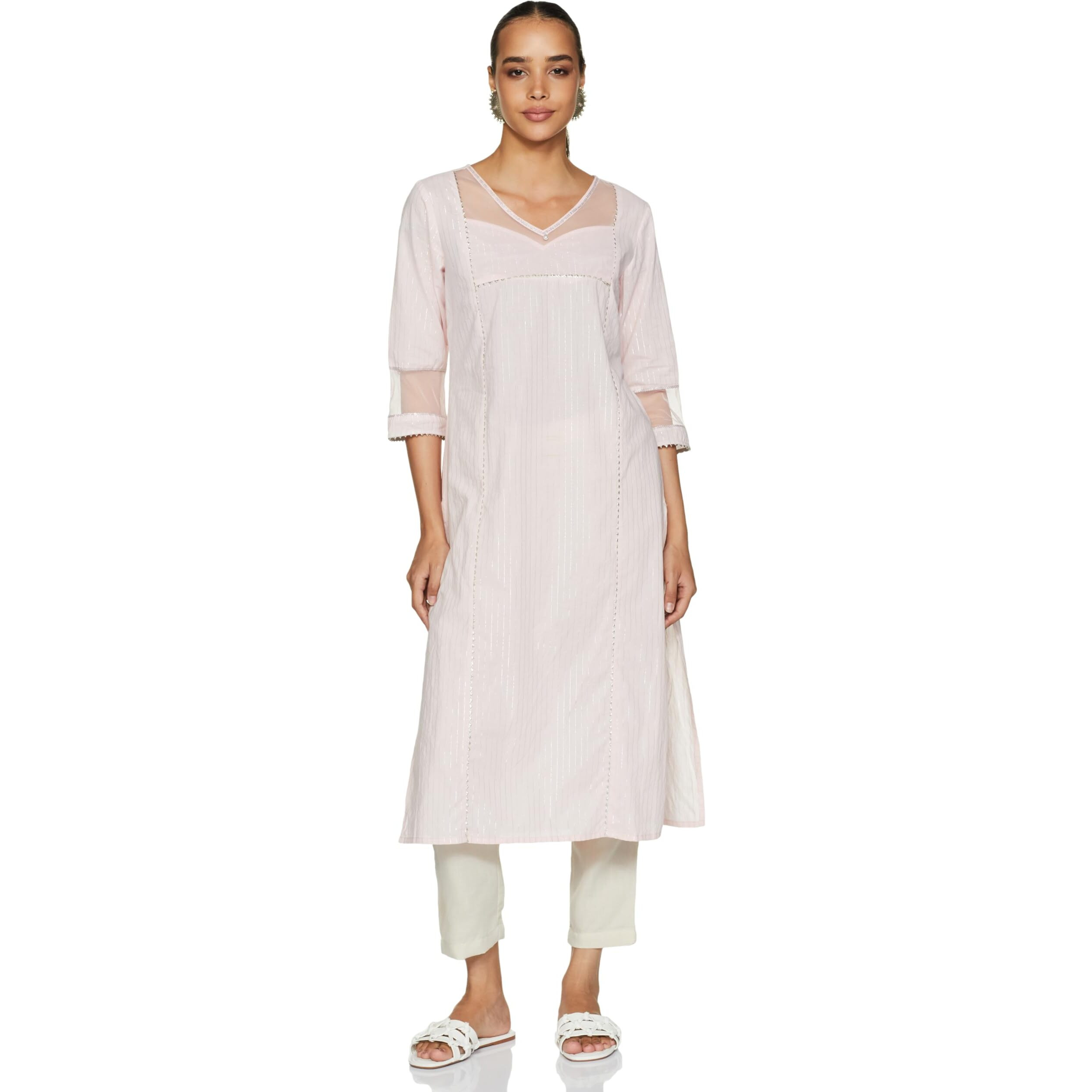 Aurelia Women's Cotton Solid Regular Pink Sequined Lurex Striped Kurta (23Fea13940-704155