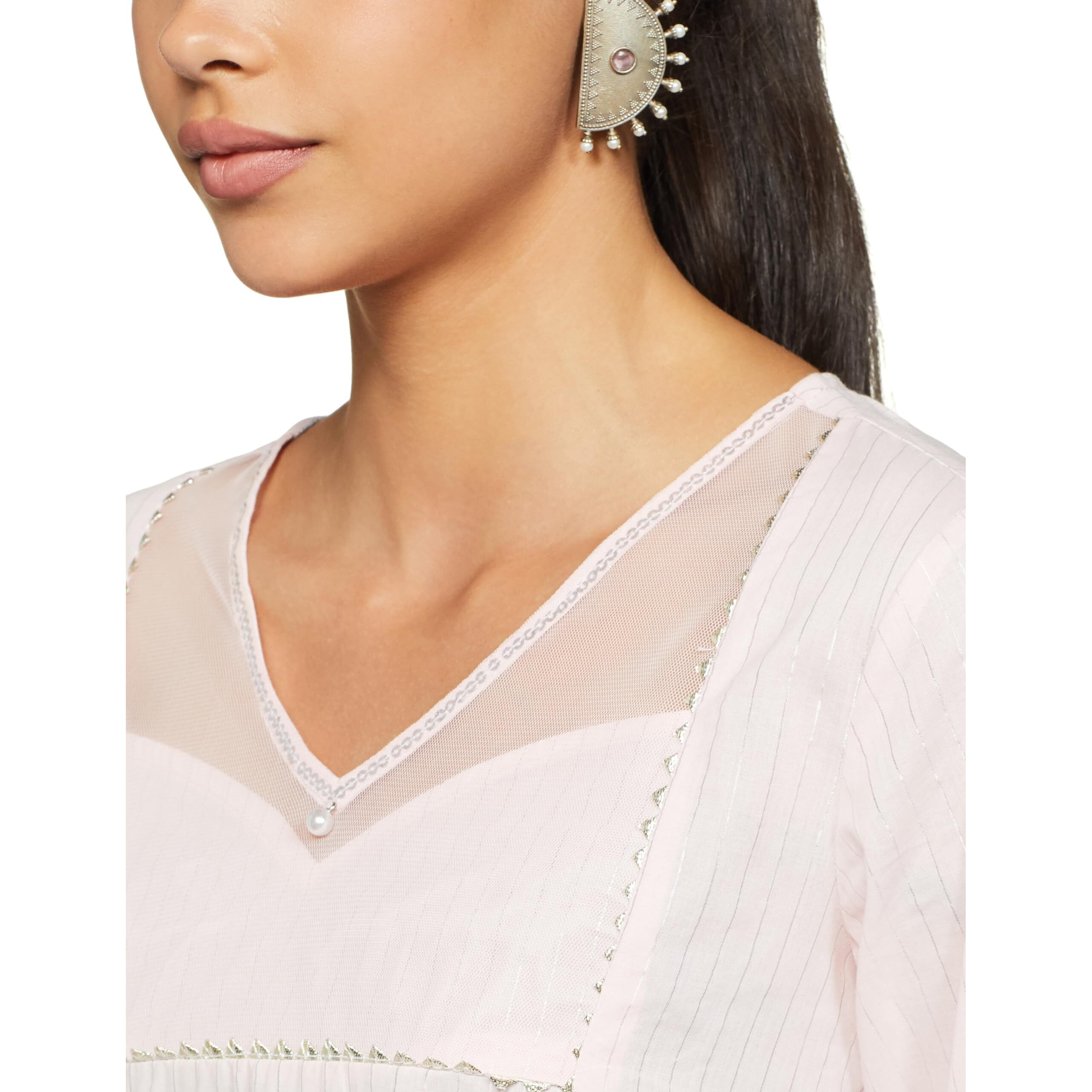 Aurelia Women's Cotton Solid Regular Pink Sequined Lurex Striped Kurta (23Fea13940-704155