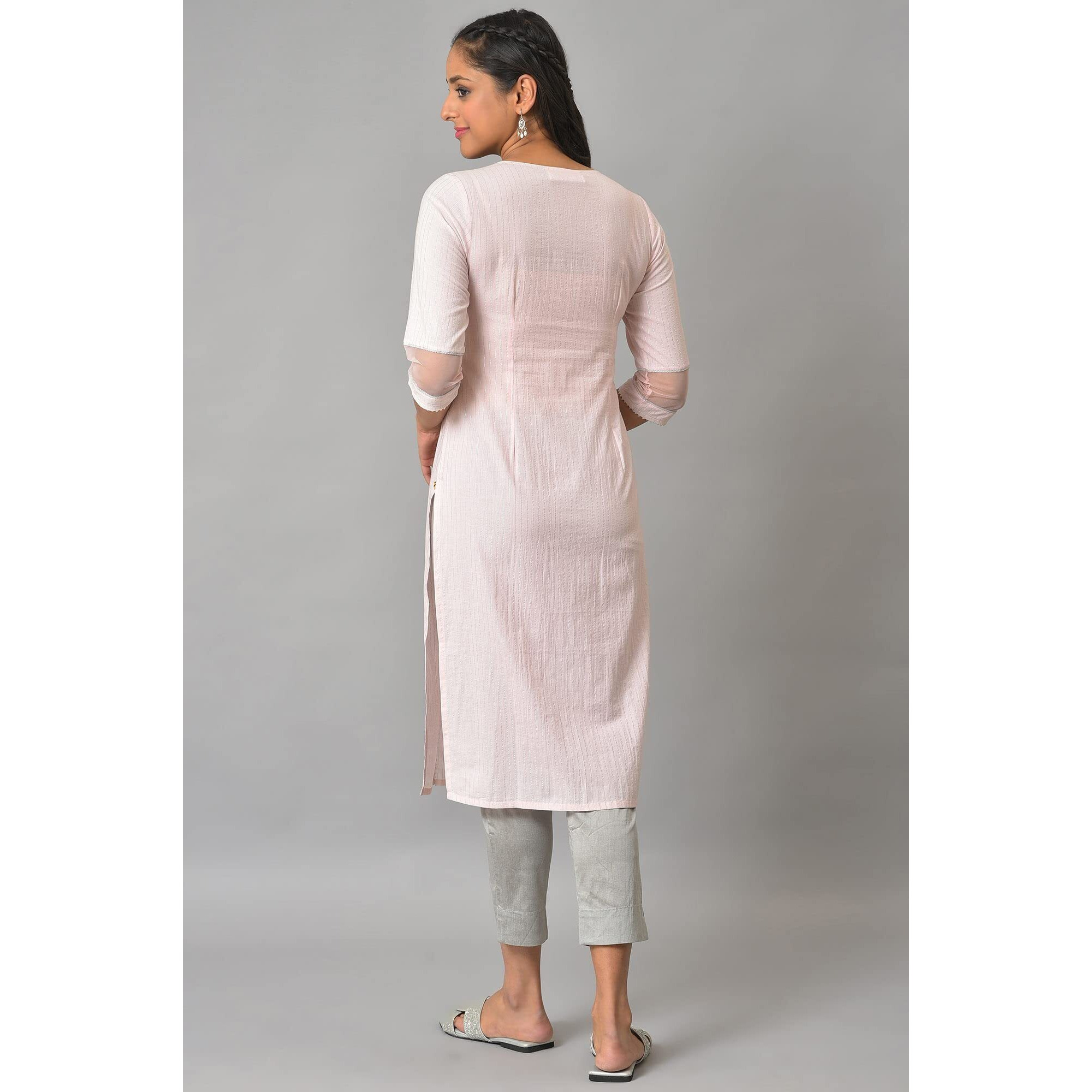 Pink Sequined Lurex Striped Kurta
