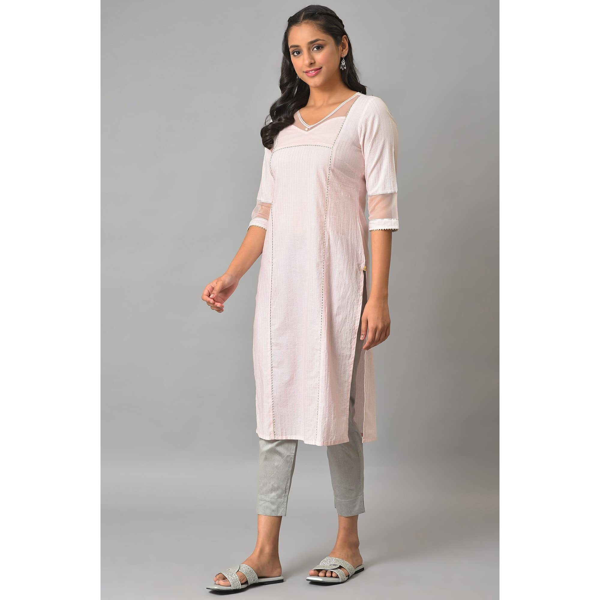 Pink Sequined Lurex Striped Kurta