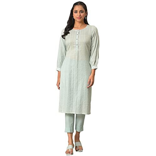 Aurelia Women's Cotton Solid Regular Aqua Green Leno Stripe Kurta (23Fea13943-605313