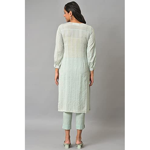Aurelia Women's Cotton Solid Regular Aqua Green Leno Stripe Kurta (23Fea13943-605313