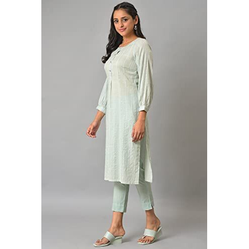 Aurelia Women's Cotton Solid Regular Aqua Green Leno Stripe Kurta (23Fea13943-605313