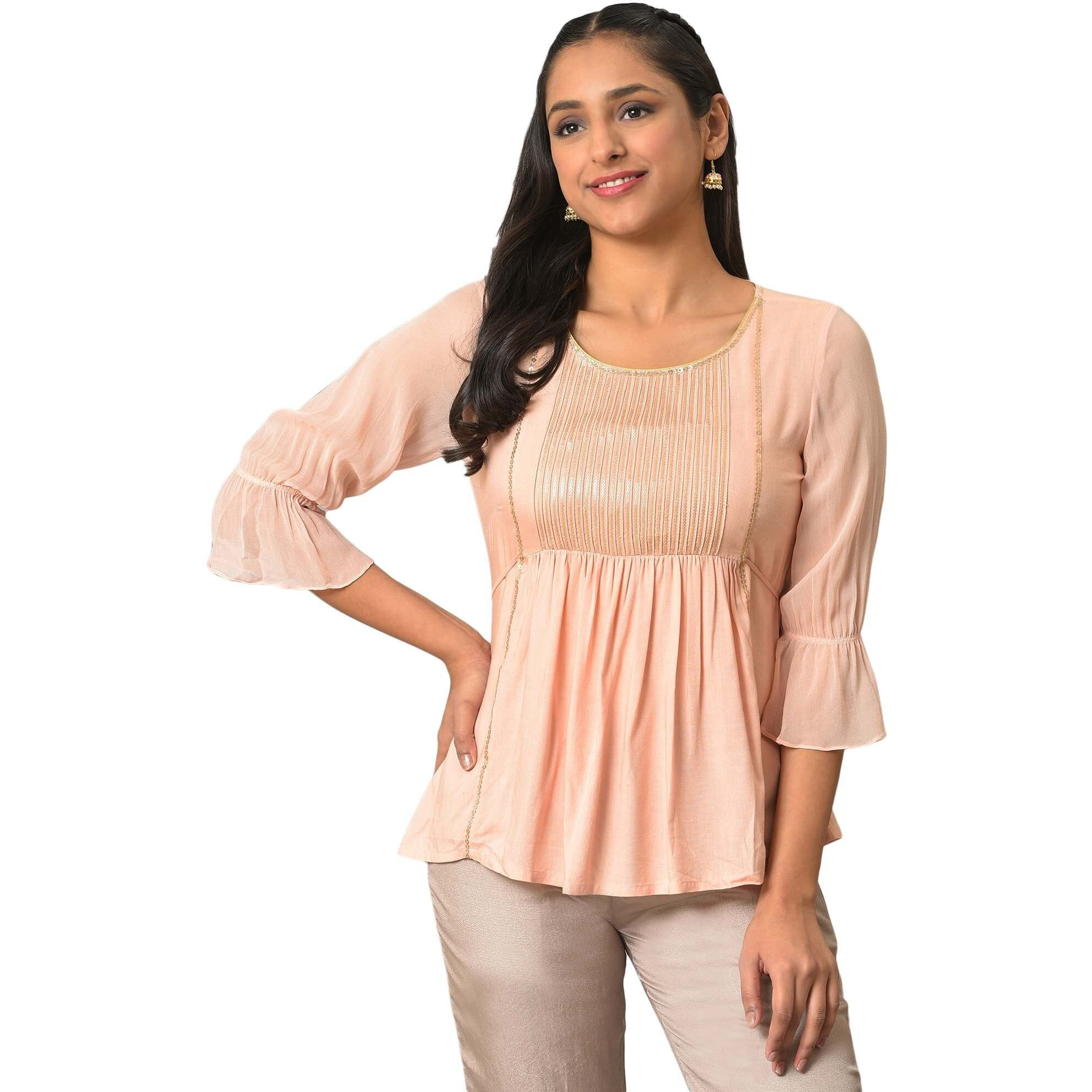 Aurelia Women's Rayon Solid Regular Peach A-Line Sequined Kurti (23Fea30340-605308