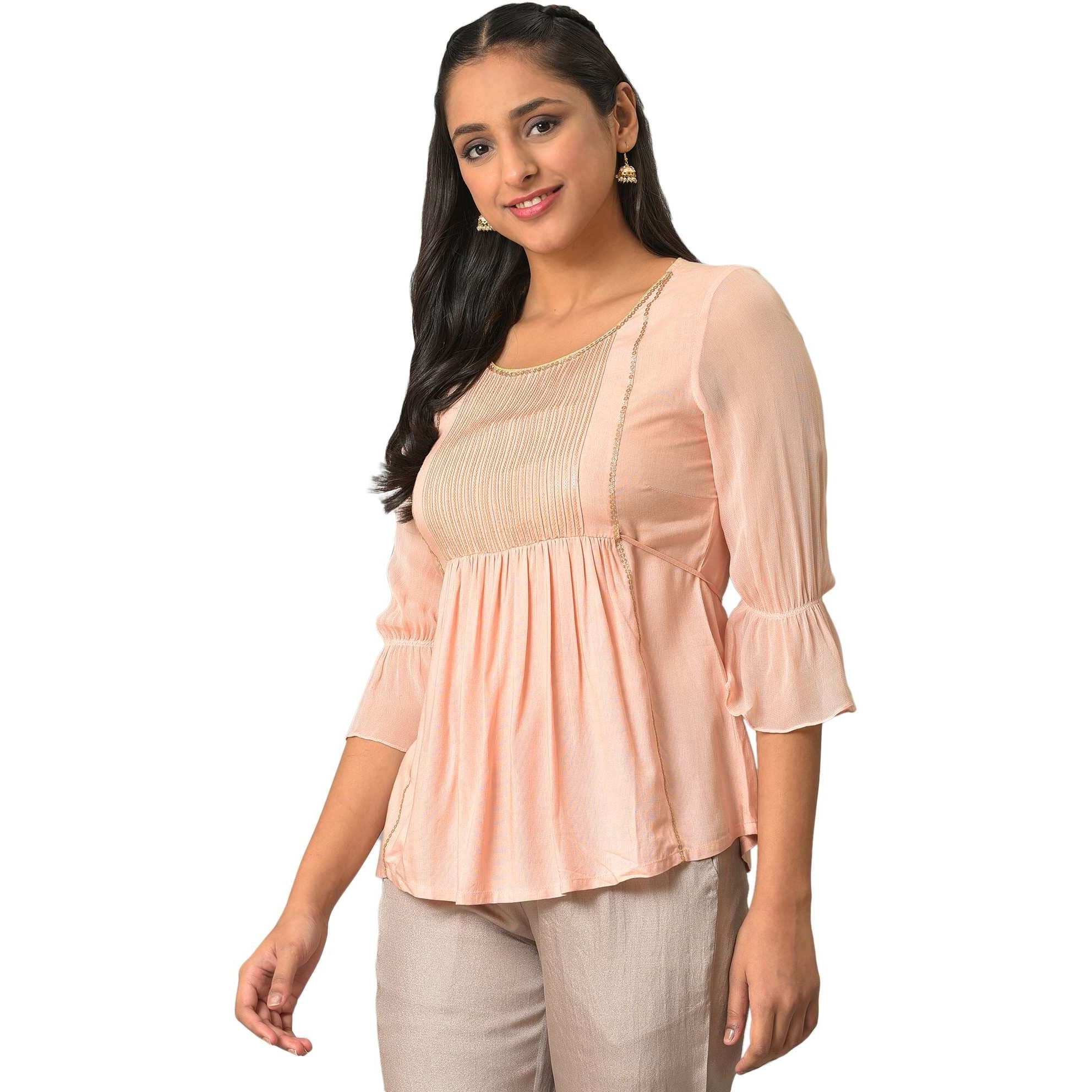 Aurelia Women's Rayon Solid Regular Peach A-Line Sequined Kurti (23Fea30340-605308