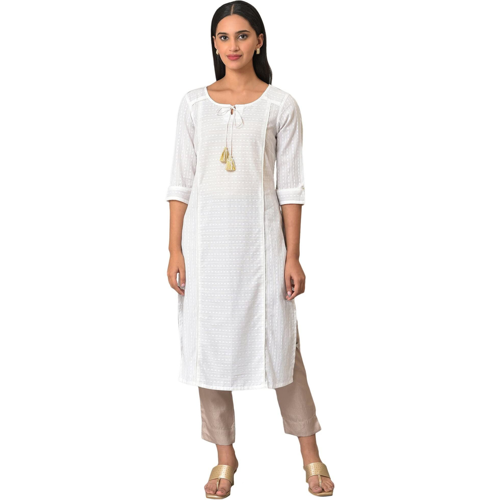 Aurelia White Self-Design Cotton Straight Long Kurta For Women